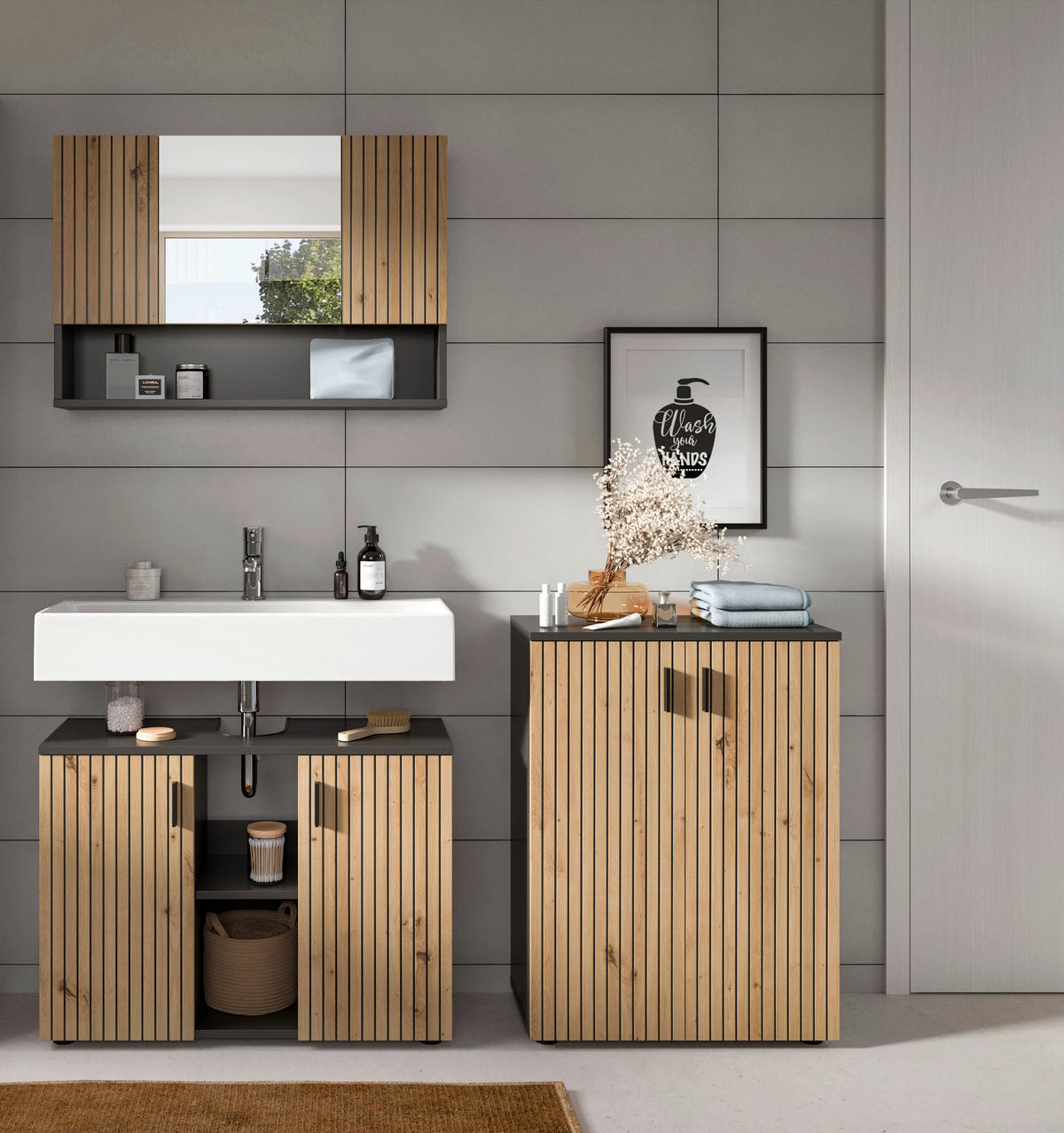 Badezimmer-Set Mone Basalt Nachbildung Artisan Oak Nachbildung B/H/T: ca. 155x180x30 cm Mone - Basalt (155,00/180,00/30,00cm) - xonox.home