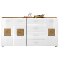 Sideboard Georgia Eiche Artisan Nachbildung weiß Hochglanz Hirnholz Optik B/H/T: ca. 180x92x38 cm Georgia - Eiche/weiß (180,00/92,00/38,00cm)