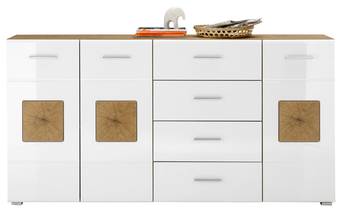 Sideboard Georgia Eiche Artisan Nachbildung weiß Hochglanz Hirnholz Optik B/H/T: ca. 180x92x38 cm Georgia - Eiche/weiß (180,00/92,00/38,00cm)
