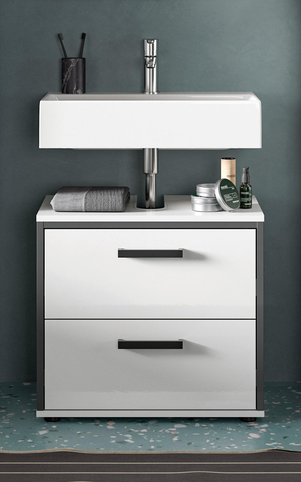 Waschbeckenunterschrank KOJAK weiß weiß Hochglanz anthrazit B/H/T: ca. 60x55x37 cm KOJAK - weiß/anthrazit (60,00/55,00/37,00cm) - xonox.home