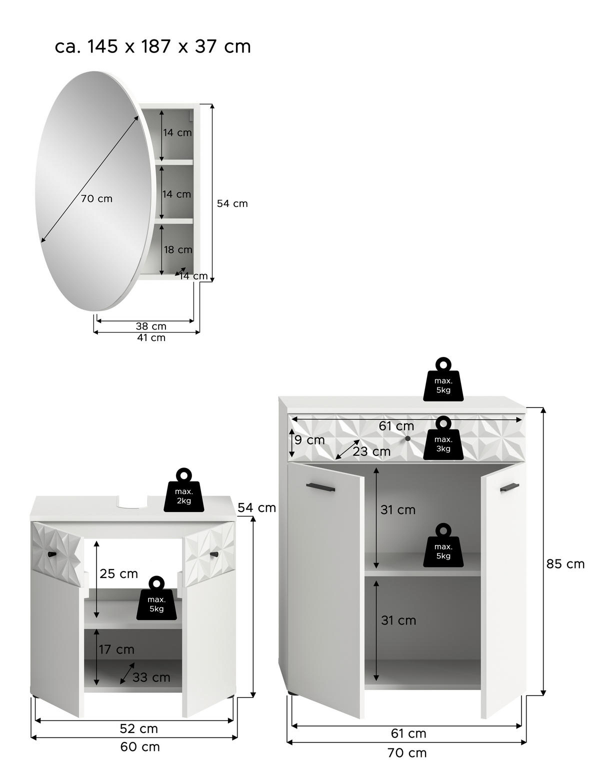 Badezimmer-Set Prisma weiß B/H/T: ca. 141x187x37 cm Prisma - weiß (141,00/187,00/37,00cm) - xonox.home