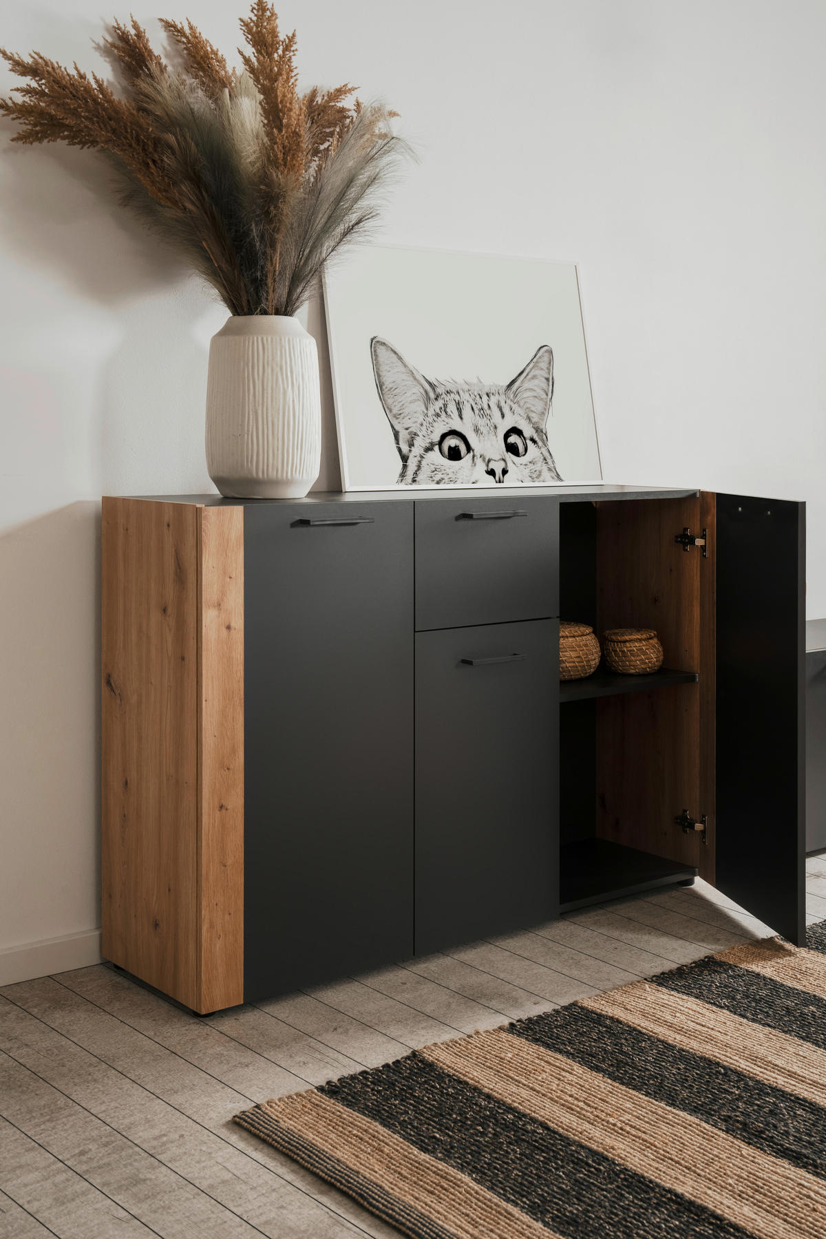 Kommode Cento anthrazit Eiche Artisan Oak Nachbildung B/H/T: ca. 126x83x35 cm Cento - Eiche/anthrazit (126,00/83,00/35,00cm)