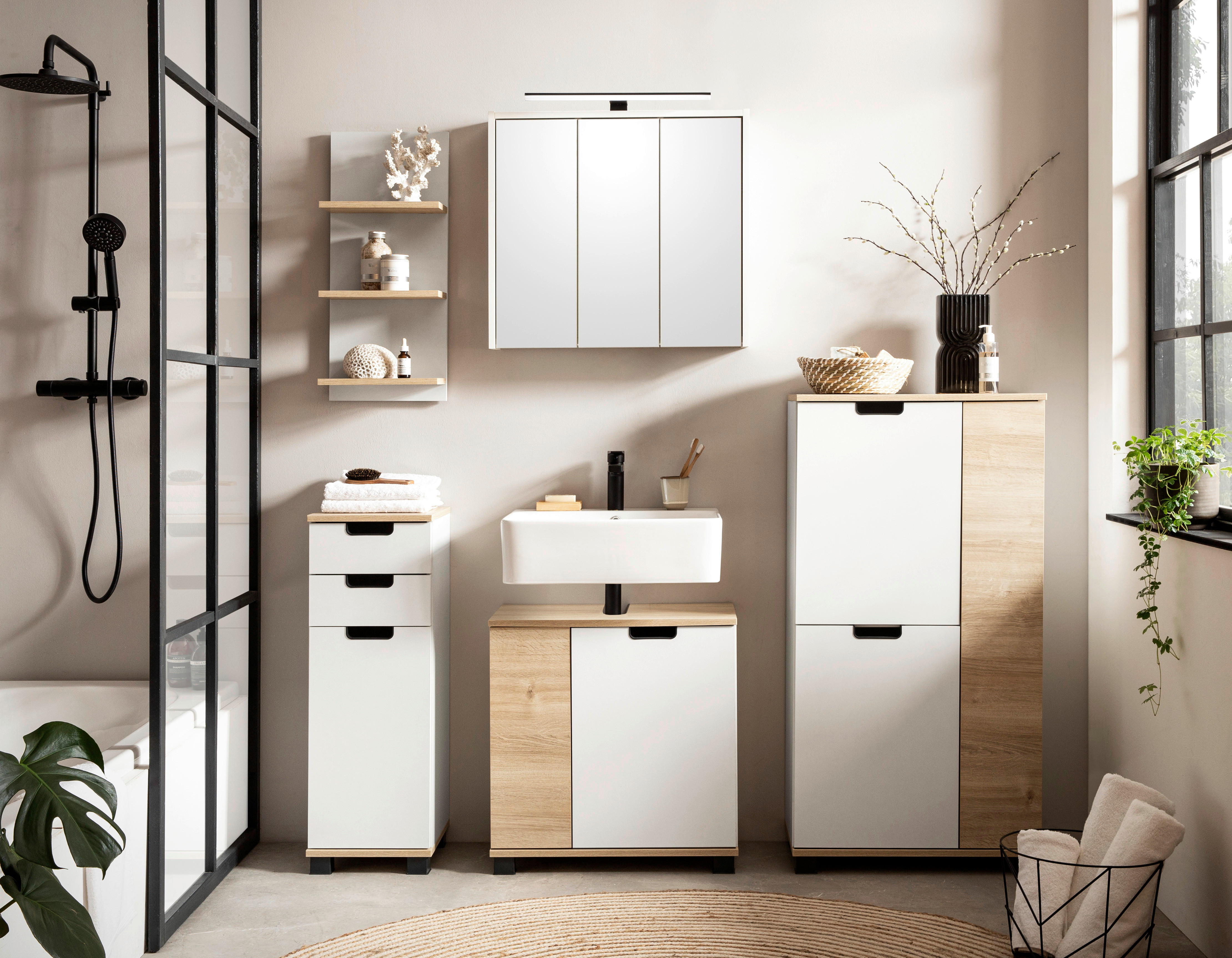 Highboard Emmik weiß matt Eiche Eiche weiß Nachbildung B/H/T: ca. 59,8x116,9x32,6 cm Emmik - Eiche/weiß (59,80/116,90/32,60cm) - Möbelpartner