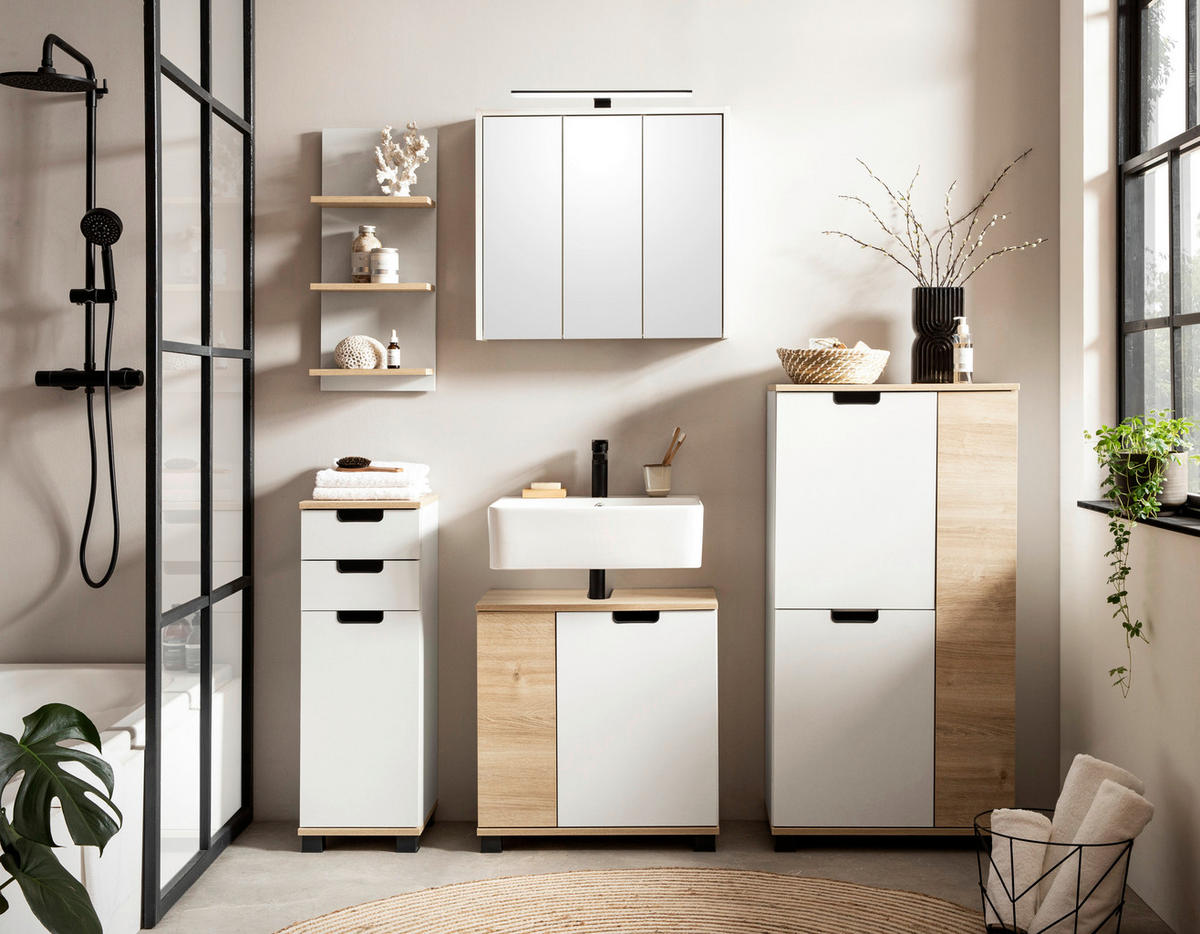 Highboard Emmik weiß matt Eiche Eiche weiß Nachbildung B/H/T: ca. 59,8x116,9x32,6 cm Emmik - Eiche/weiß (59,80/116,90/32,60cm) - Möbelpartner