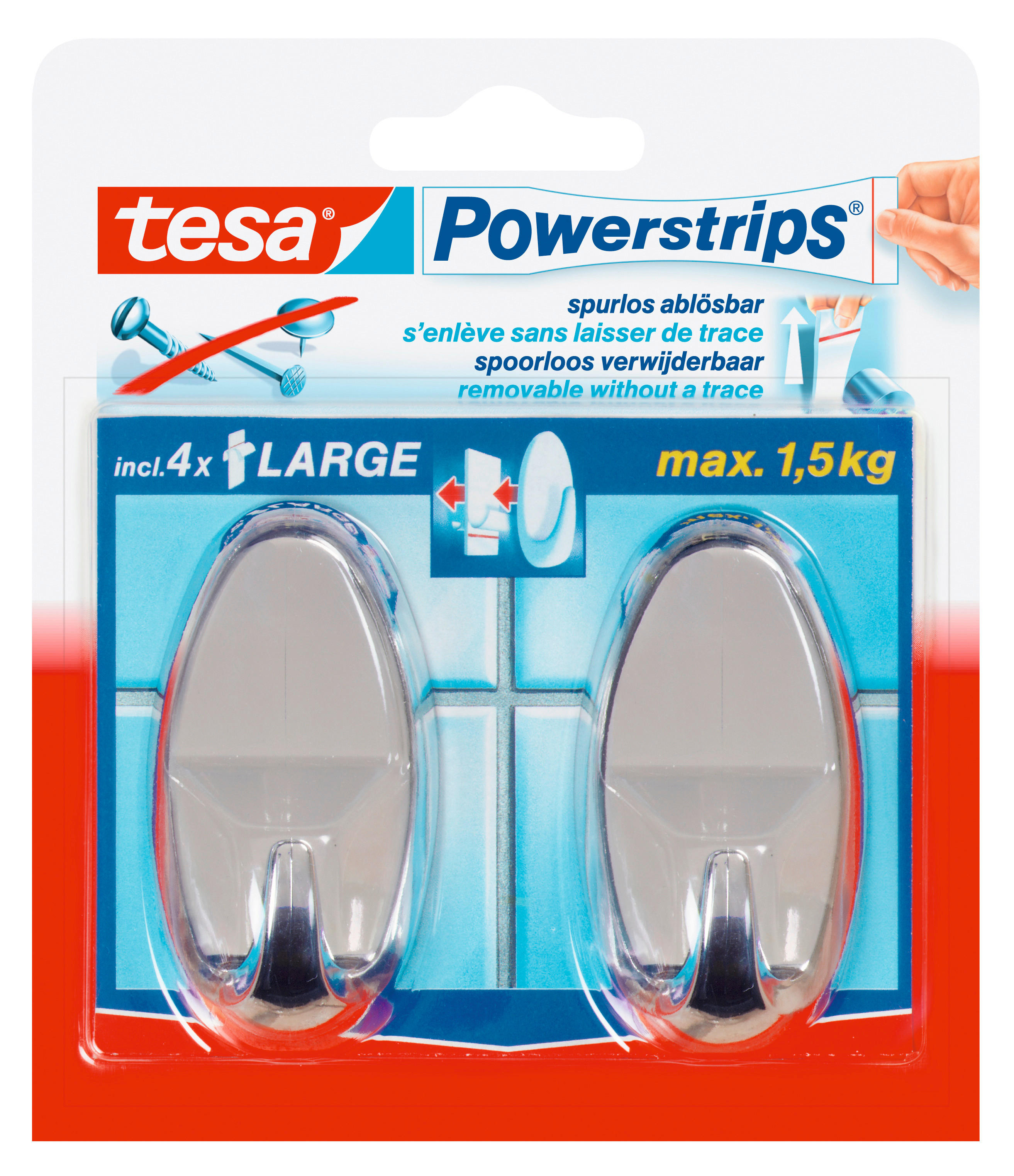 Powerstrips Chrom Kunststoff B/H/L: ca. 36,8x69,4x22,9 cm Powerstrip_Haken_L_Oval_tesa - Chrom (22,90/36,80/69,40cm) - tesa