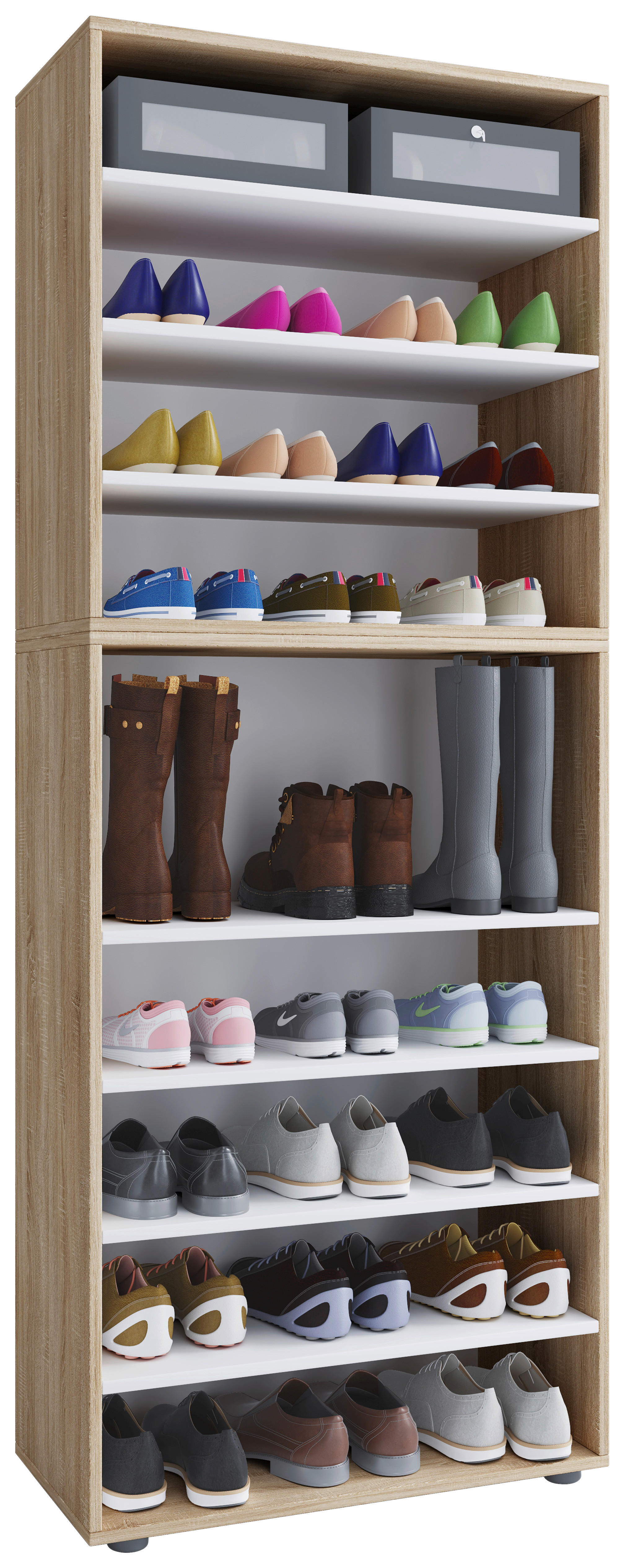 Schuhregal Lona Eiche Sonoma Nachbildung weiß B/H/T: ca. 70x183x37 cm Lona - Eiche/weiß (70,00/183,00/37,00cm) - VCM Möbel