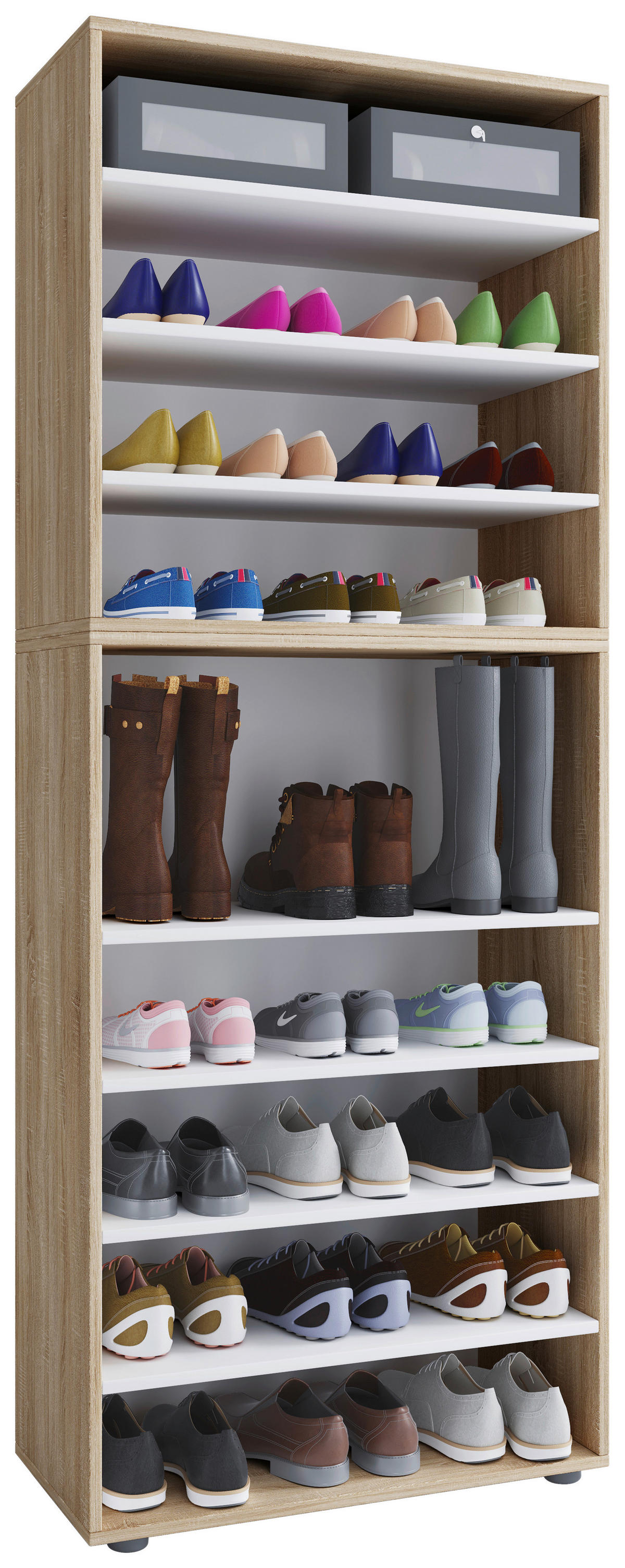 Schuhregal Lona Eiche Sonoma Nachbildung weiß B/H/T: ca. 70x183x37 cm Lona - Eiche/weiß (70,00/183,00/37,00cm) - VCM Möbel