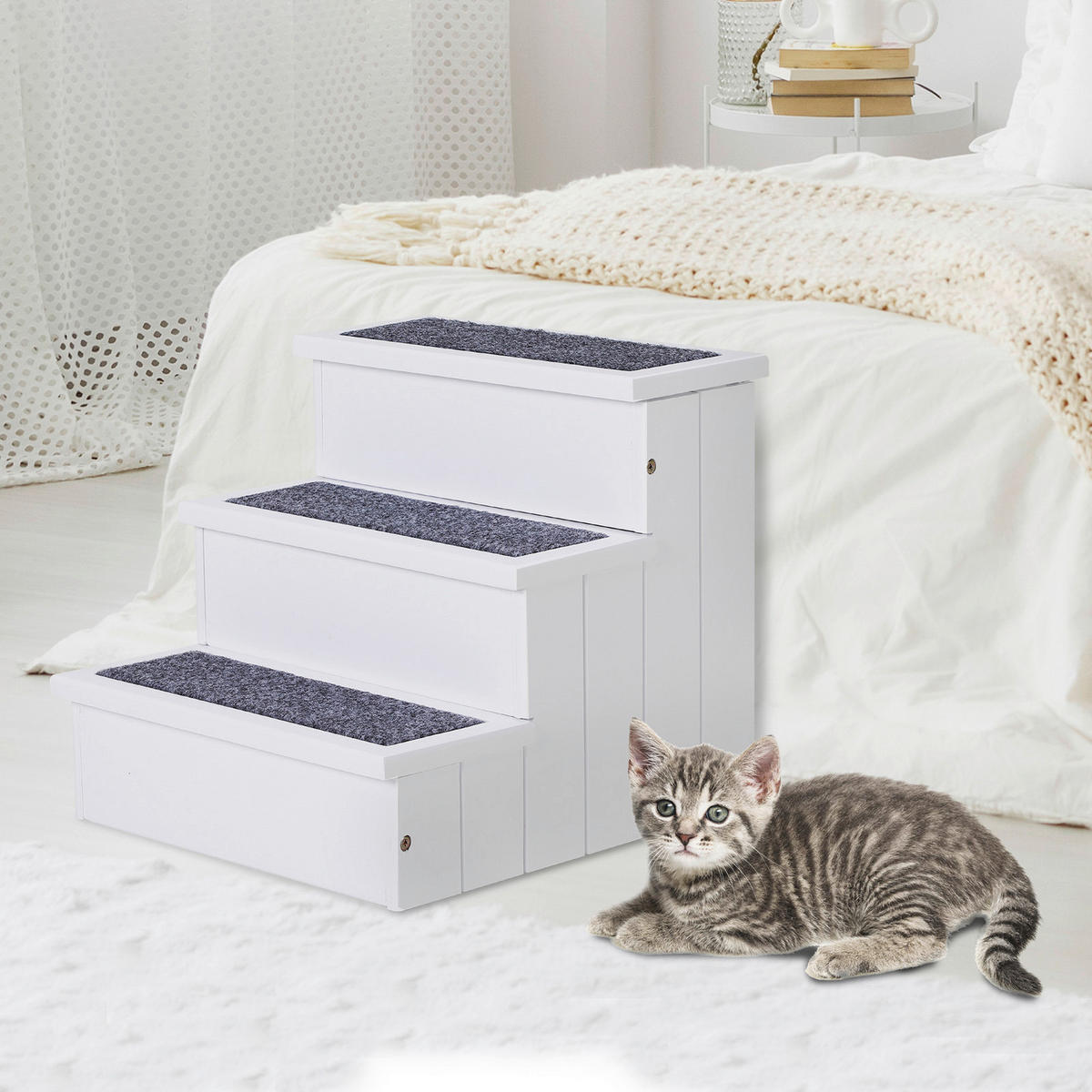 PawHut Haustiertreppe weiß Kiefer B/H/L: ca. 45x38x41 cm Haustiertreppe - weiß (41,00/45,00/38,00cm) - PawHut