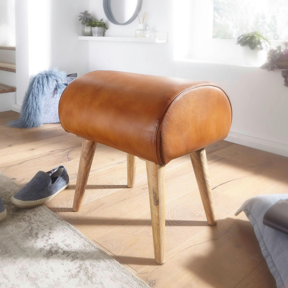Wohnling Sitzhocker braun natur Leder Echtholz B/H/T: ca. 45x53x40 cm Sitzhocker - braun/natur (45,00/53,00/40,00cm) - Wohnling