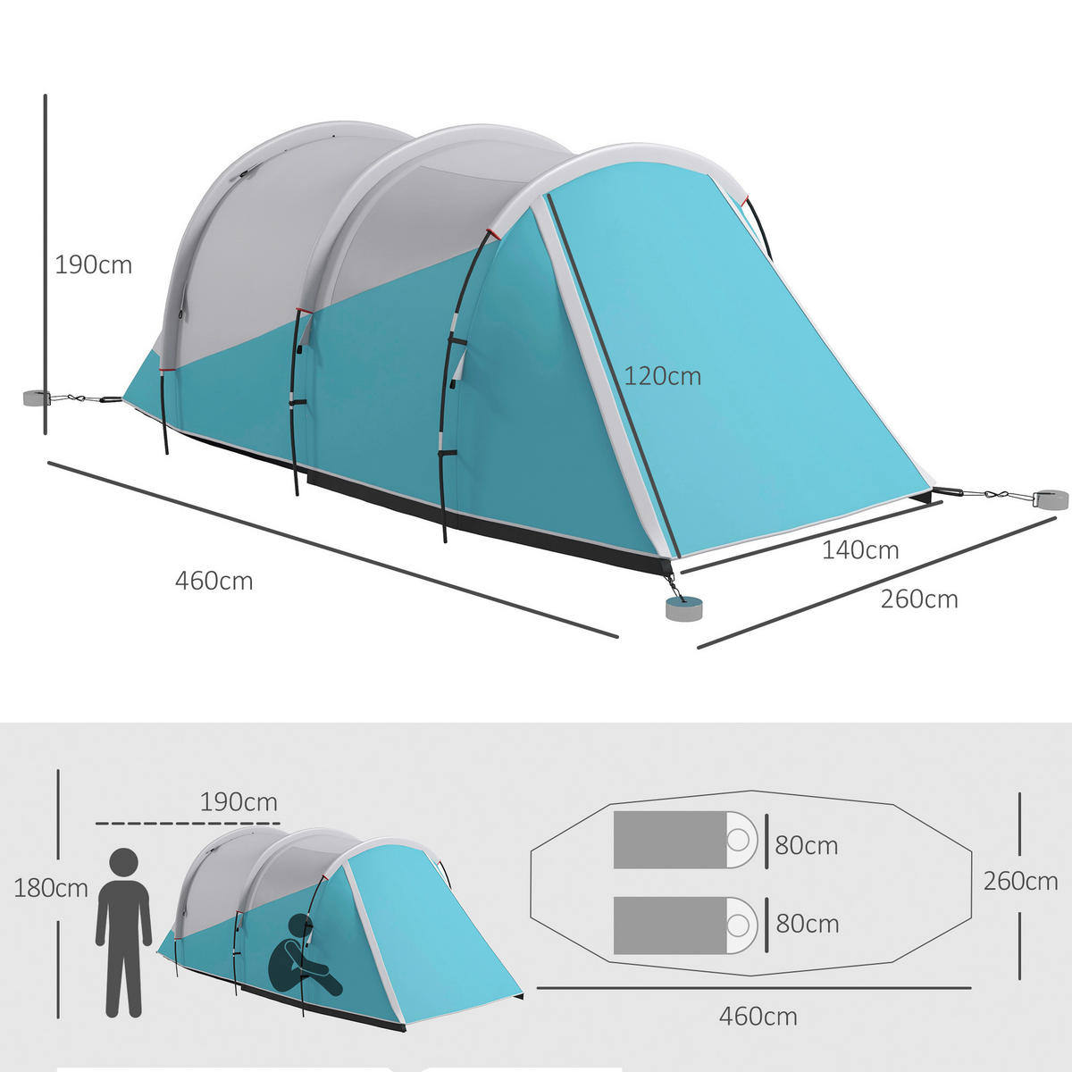 Outsunny Campingzelt B/H/L: ca. 260x190x460 cm Campingzelt - blau (460,00/260,00/190,00cm) - Outsunny