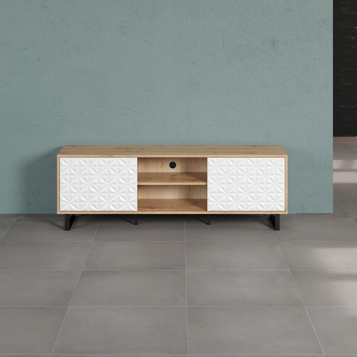 TV-Lowboard Aventura weiß matt Eiche Artisan Nachbildung B/H/T: ca. 154x52x40 cm Aventura - Eiche/weiß (154,00/52,00/40,00cm) - Trendteam