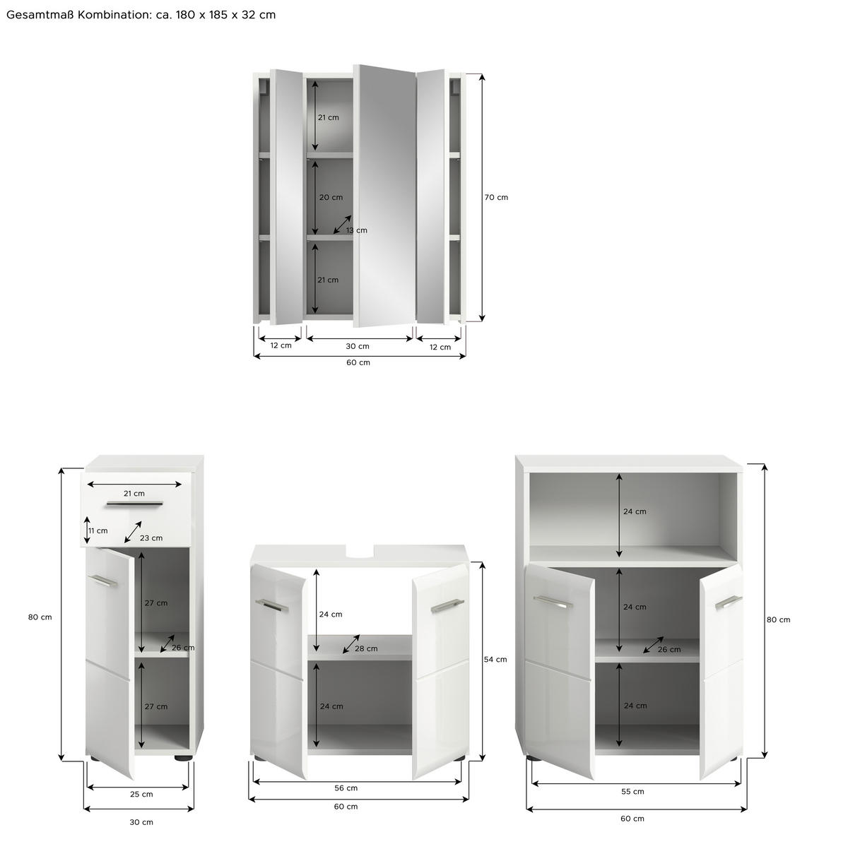 Badezimmer-Set ICE weiß weiß Hochglanz B/H/T: ca. 180x190x32 cm ICE - weiß (180,00/190,00/32,00cm) - xonox.home