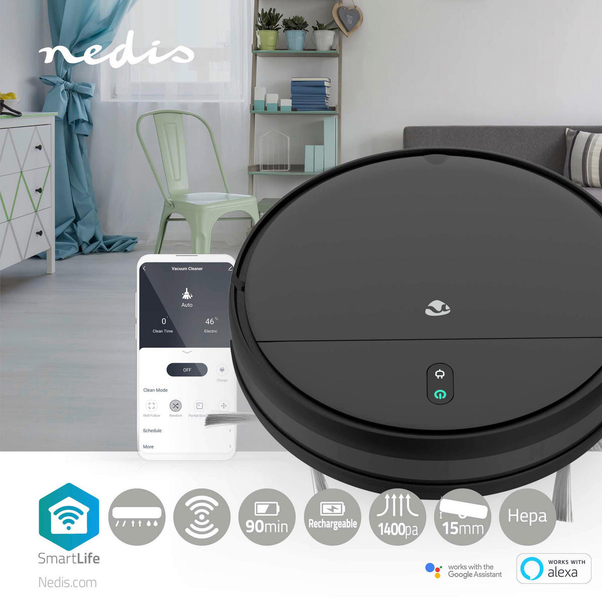 Nedis Roboter-Staubsauger schwarz Kunststoff B/H/L: ca. 32x7,8x0,3 cm SmartLife - schwarz (0,30/32,00/7,80cm) - Nedis