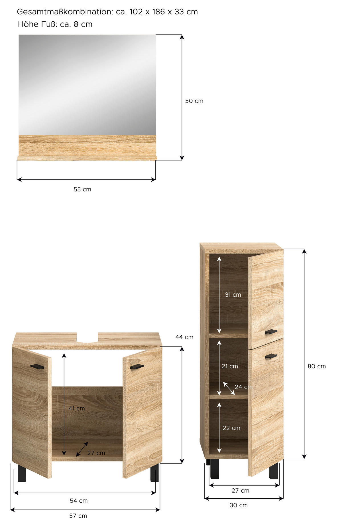 Badezimmer-Set BOSTON Eiche Sonoma Nachbildung B/H/T: ca. 102x186x33 cm BOSTON - Eiche (102,00/186,00/33,00cm) - xonox.home