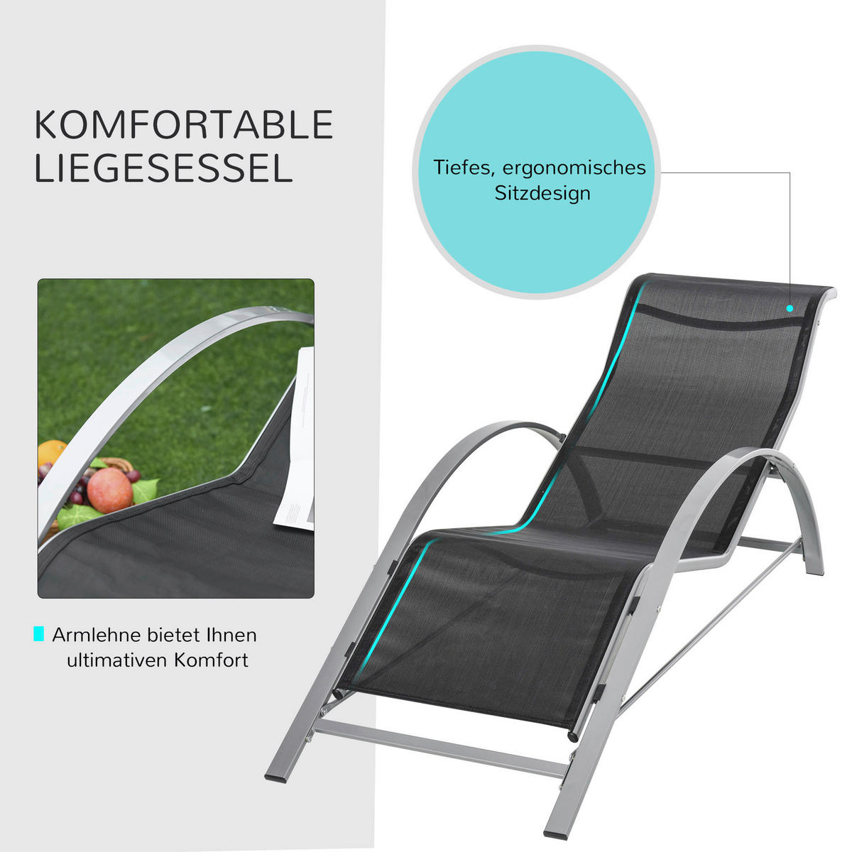 Outsunny Gartenliege-Set mit Tisch schwarz Metall B/H/T: ca. 59x66x169 cm Gartenliege-Set mit Tisch - schwarz (59,00/66,00/169,00cm) - Outsunny