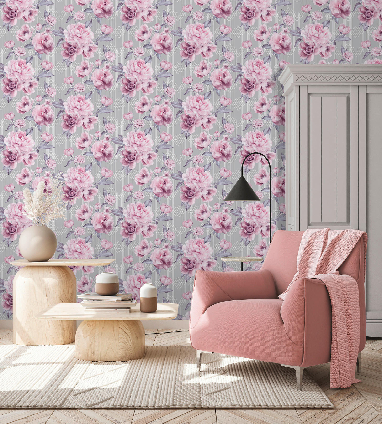 UGEPA Papiertapete Blumen grau rosa weiß B/L: ca. 53x1005 cm glitzernd Papiertapete_A58506 - weiß/rosa (53,00/1005,00cm) - UGEPA