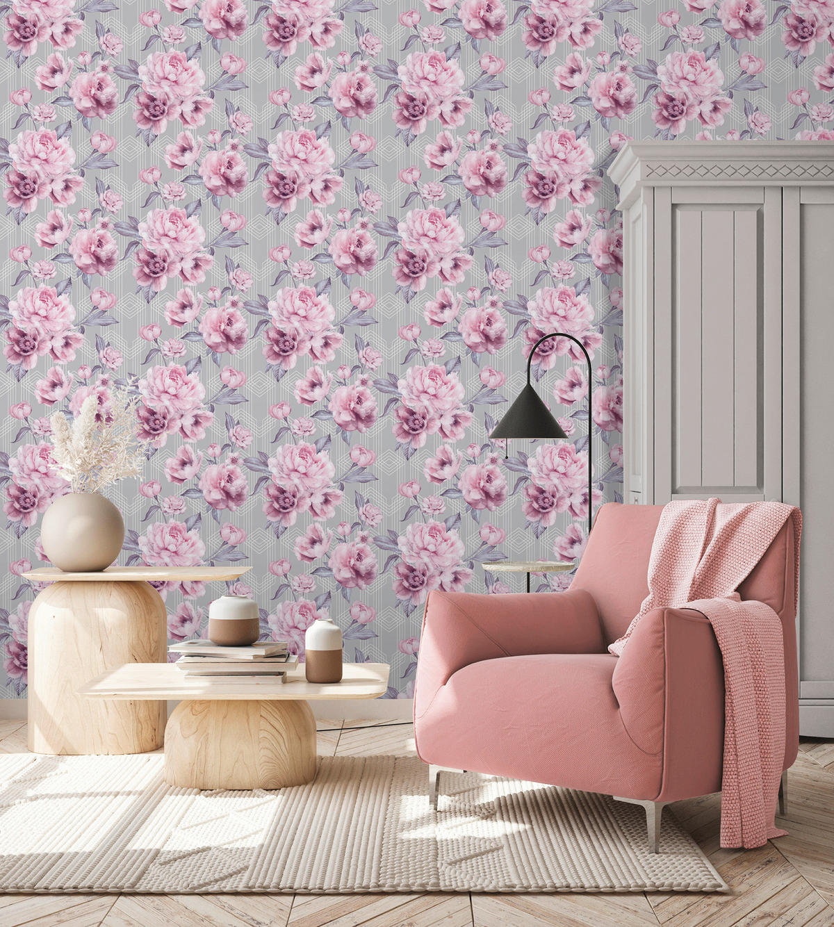 UGEPA Papiertapete Blumen grau rosa weiß B/L: ca. 53x1005 cm glitzernd Papiertapete_A58506 - weiß/rosa (53,00/1005,00cm) - UGEPA