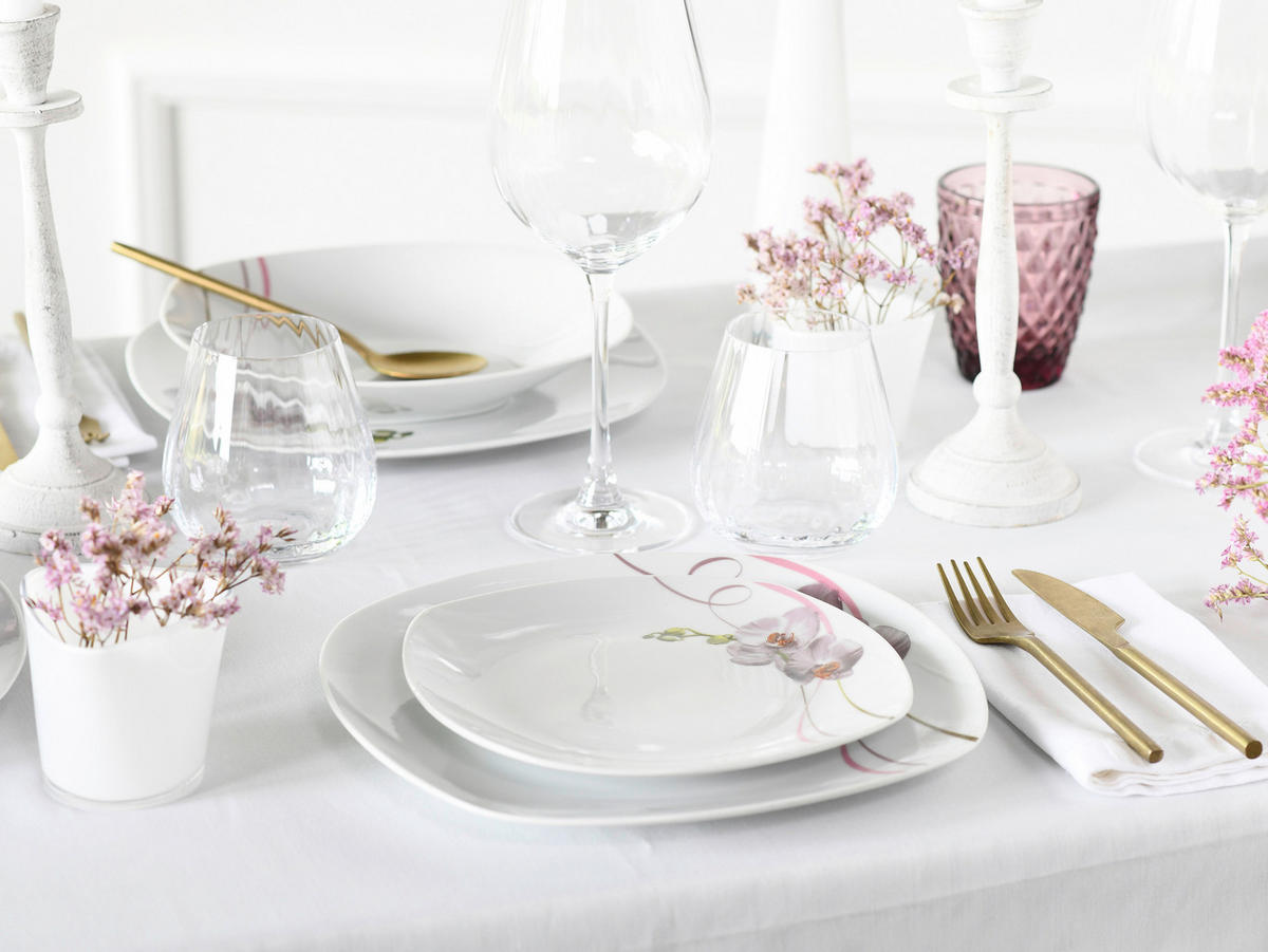 CreaTable Kombiservice Square Orchidee weiß Porzellan 62 tlg. Square Orchidee - weiß/mauve - CreaTable