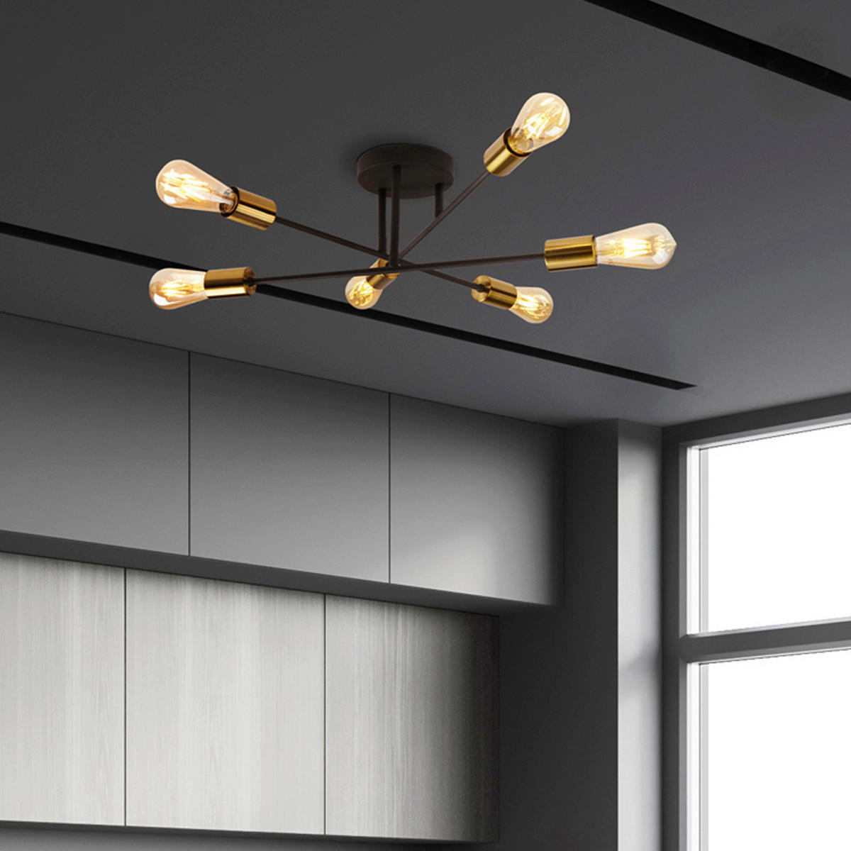 Searchlight Deckenleuchte messing schwarz Stahl B/H/D: ca. 64x20x64 cm E27 6 Brennstellen Armstrong - messing/schwarz (64,00/20,00cm) - Searchlight