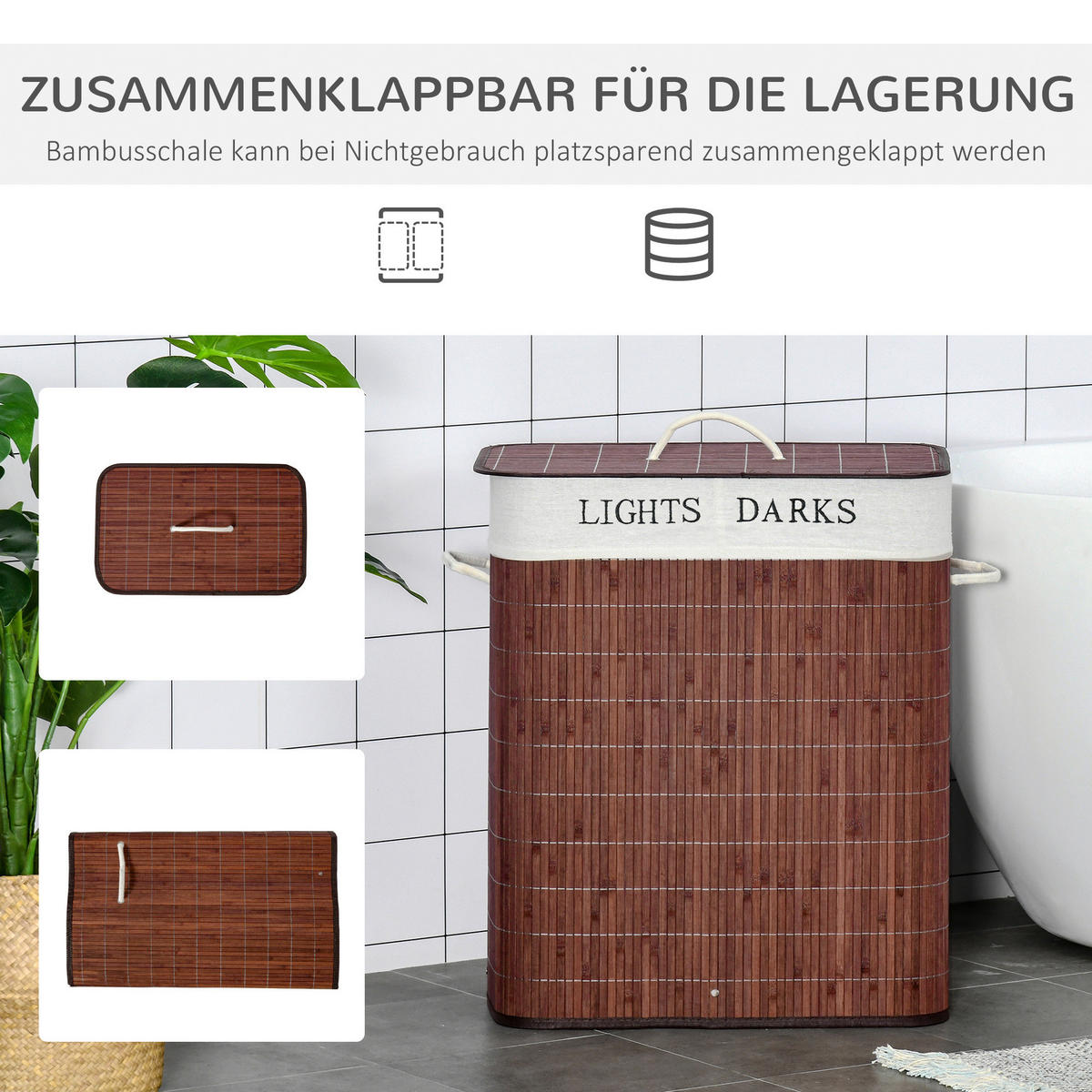 HOMCOM Wäschekorb weiß B/H/L: ca. 32x52x63 cm Wäschekorb - braun/weiß (63,00/32,00/52,00cm) - HOMCOM