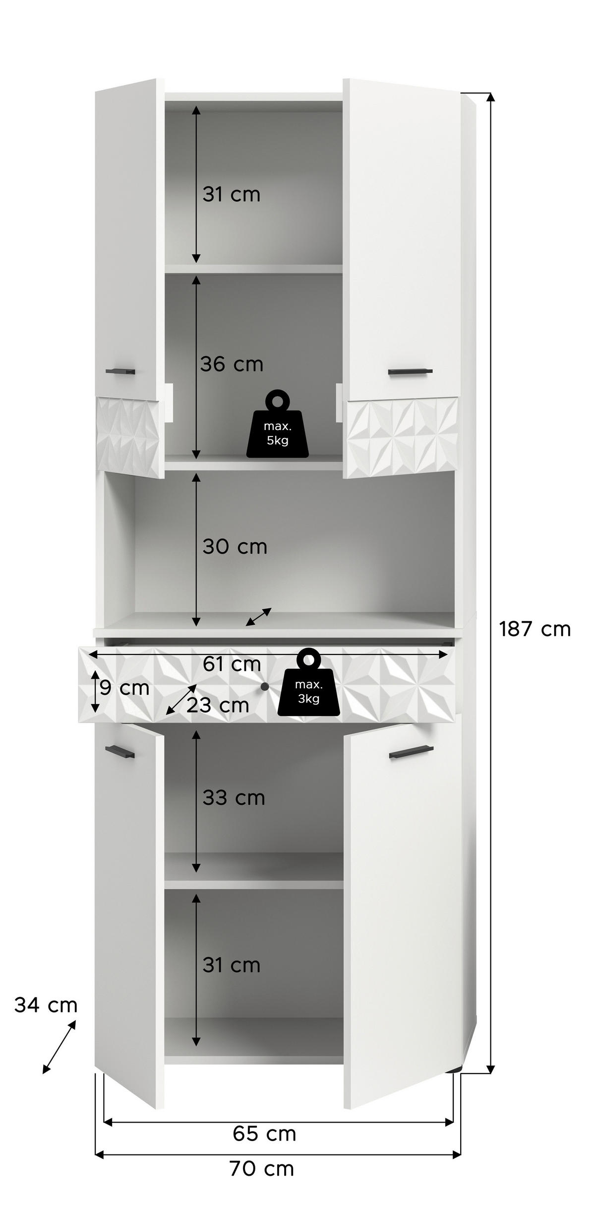 Hochschrank Prisma weiß B/H/T: ca. 70x187x34 cm Prisma - weiß (70,00/187,00/34,00cm) - xonox.home