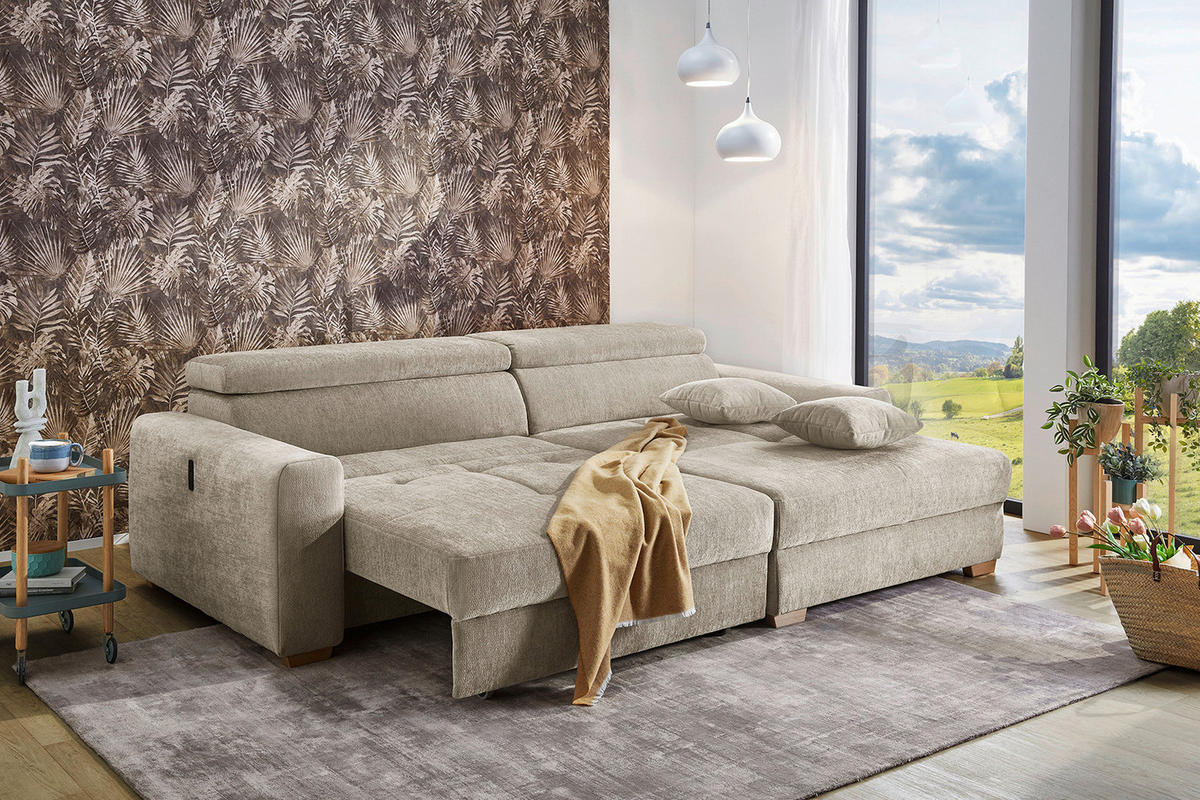 Ecksofa beige Flachgewebe B/H/T: ca. 277x109x187 cm Slider_Ecksofa - beige/Eiche (277,00/109,00/187,00cm)