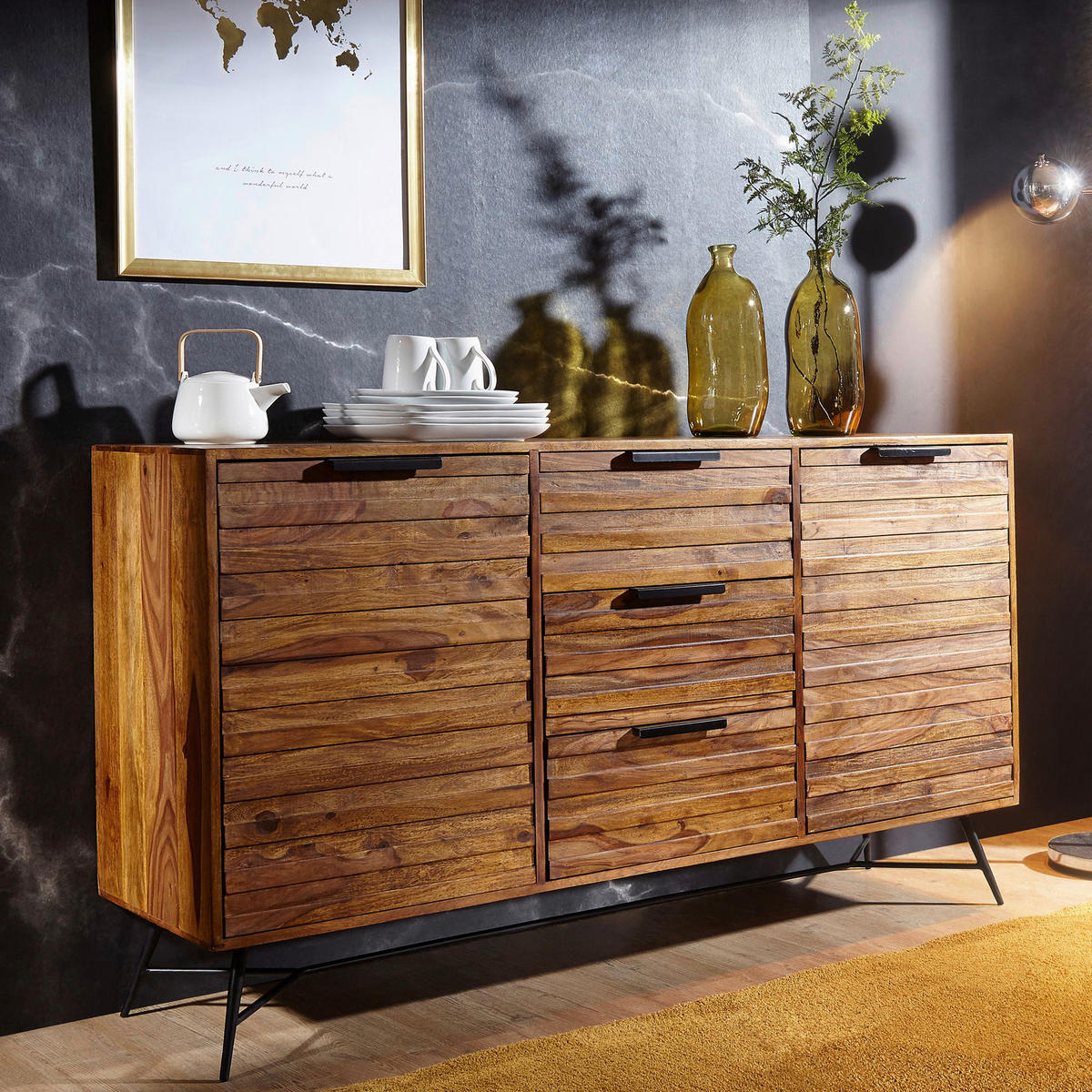 Sideboard natur schwarz B/H/T: ca. 160x88x40 cm Sideboard - natur/schwarz (160,00/88,00/40,00cm) - Wohnling