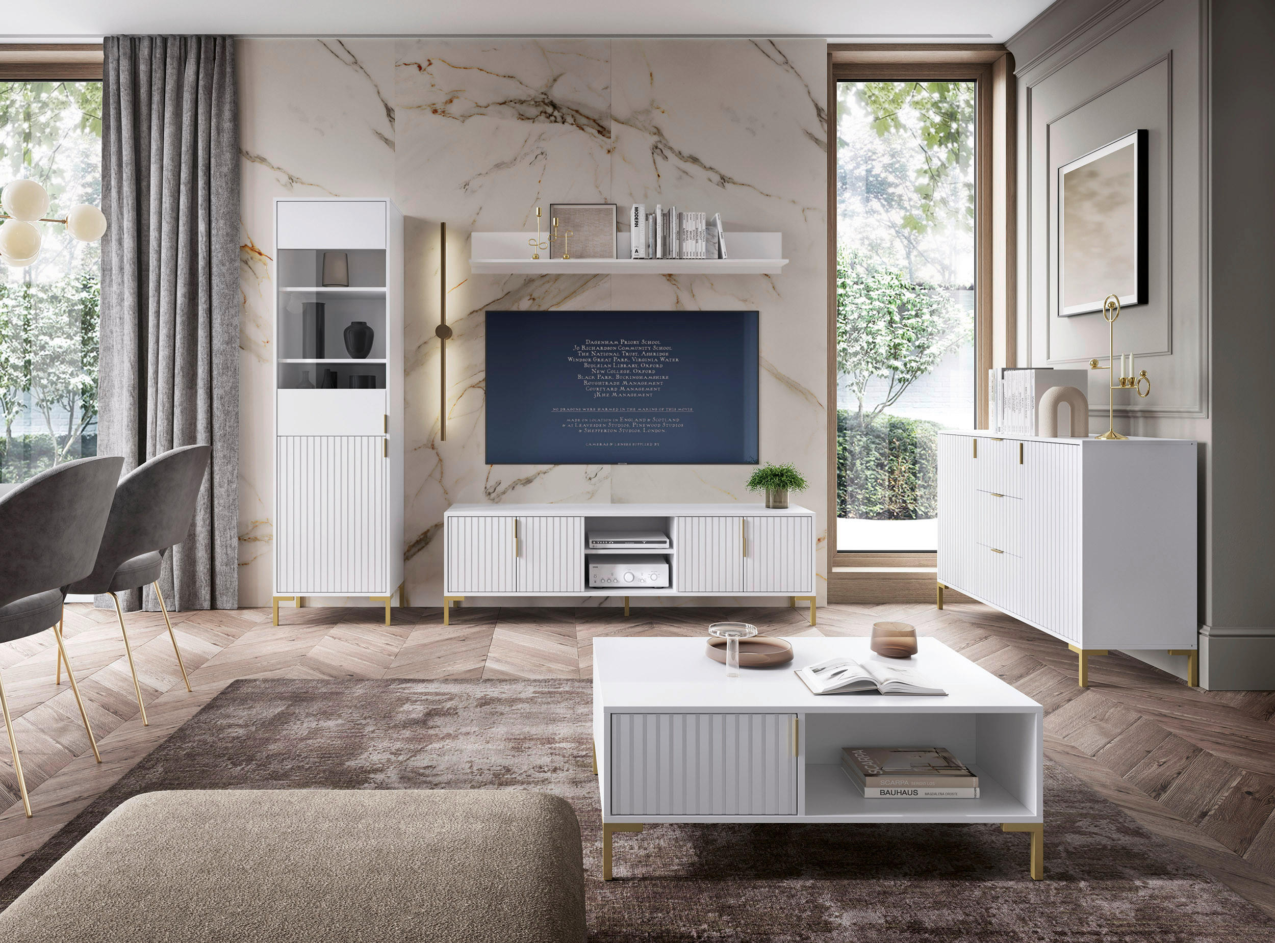 Thumbnail - TV-Lowboard FLINN weiß matt gold Optik B/H/T: ca. 195x50x40 cm