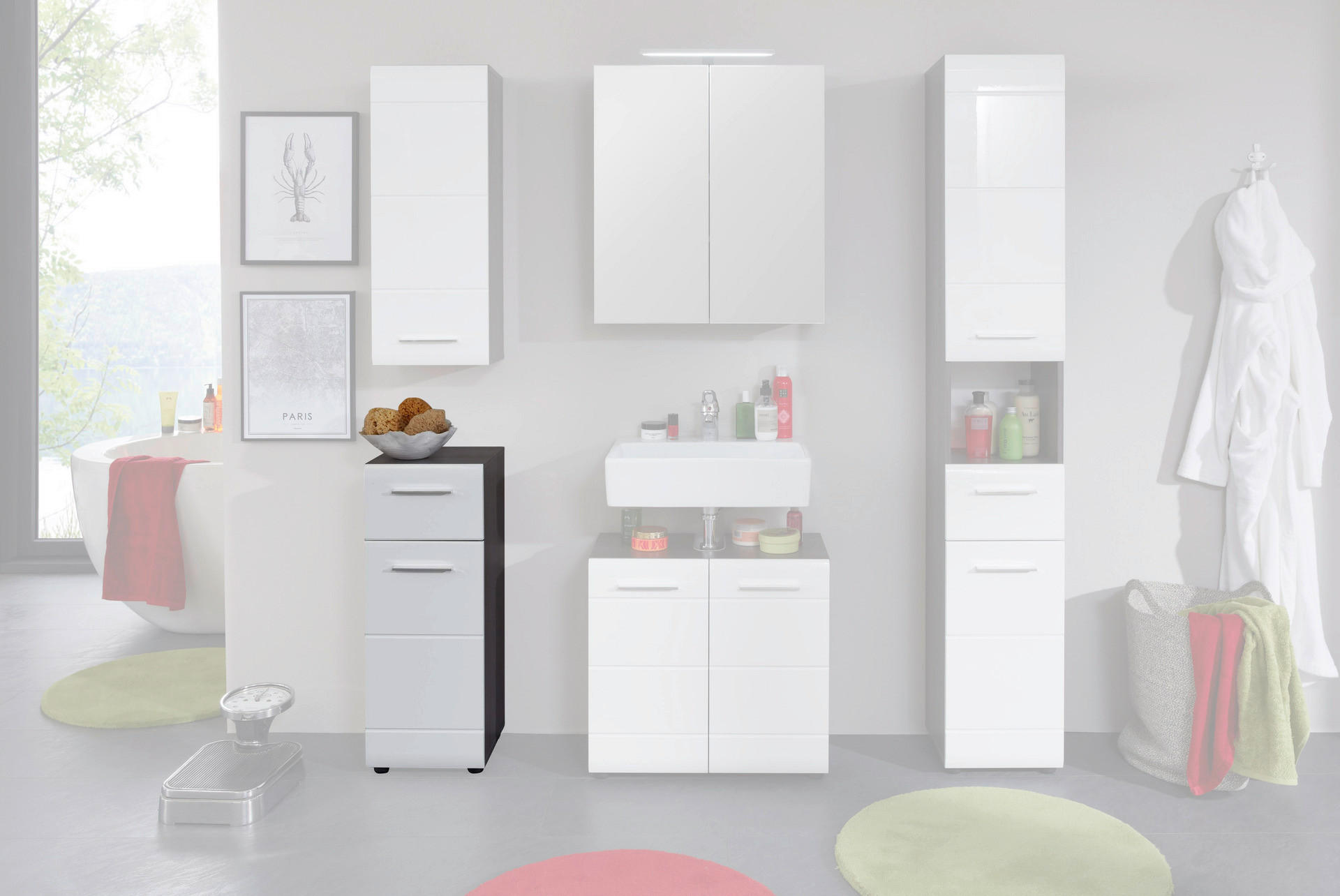 Badkommode Line Rauchsilber Nachbildung weiß Hochglanz B/H/T: ca. 30x79x31 cm Line - weiß (30,00/79,00/31,00cm)