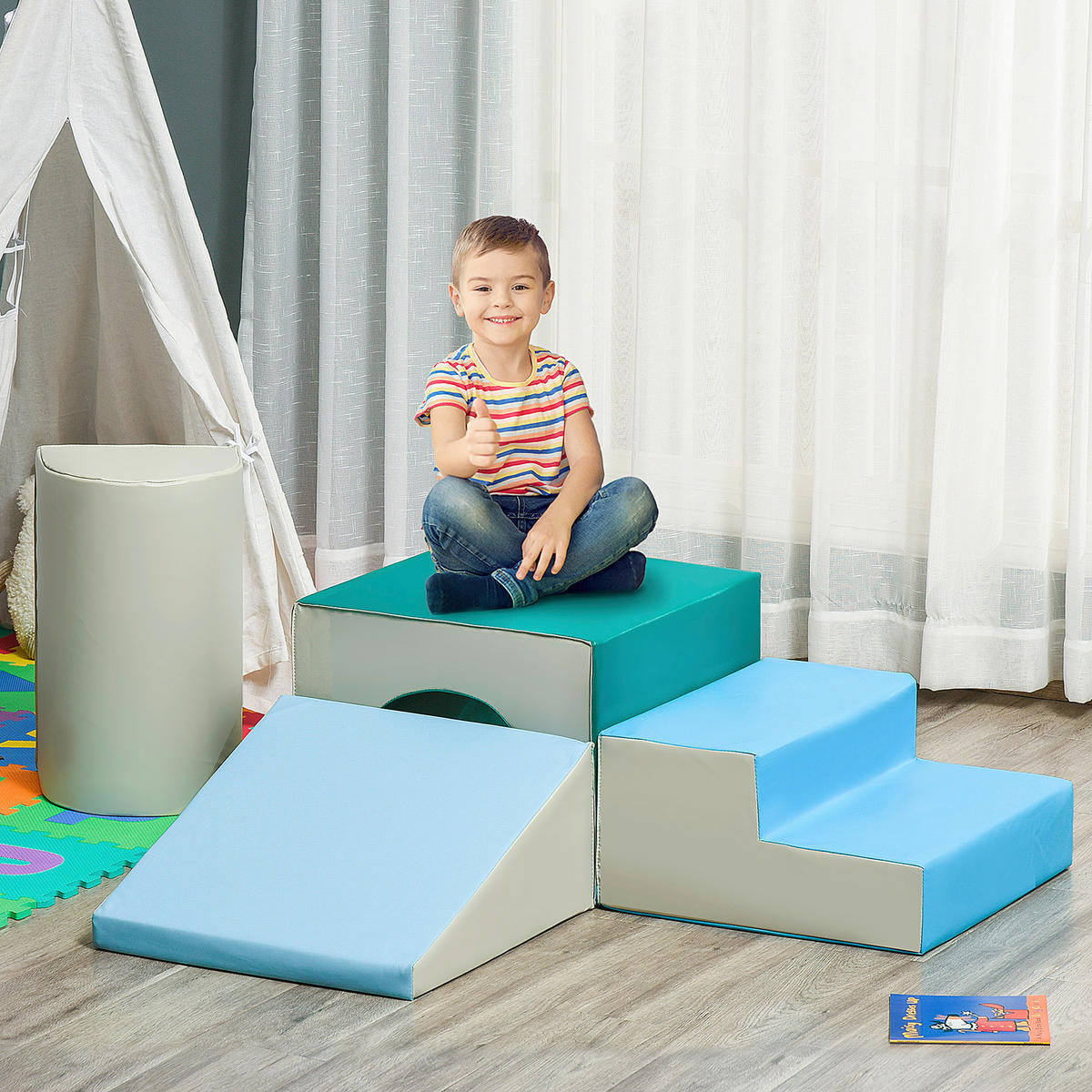 HOMCOM Kinder Bausteine 4er Set B/H/L: ca. 50x150x39 cm Kinder-Softplay-Set - blau/hellgrau (39,00/50,00/150,00cm) - HOMCOM