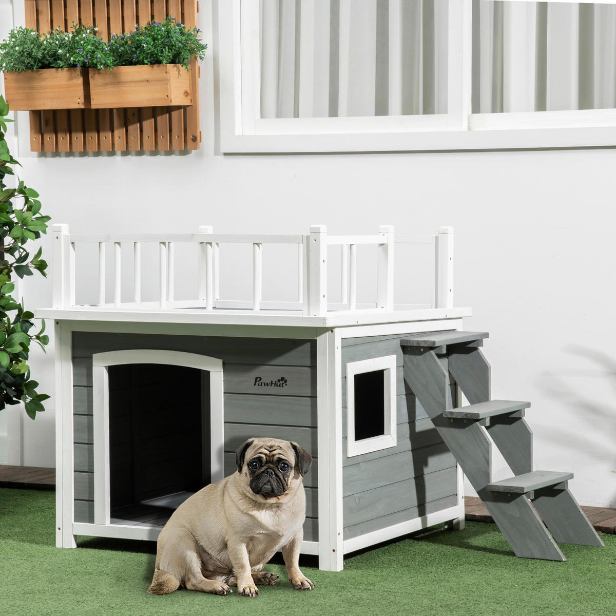 PawHut Hunde-Zubehör hellgrau Holz B/H/L: ca. 77x121x78 cm Hundehütte - hellgrau (78,00/77,00/121,00cm) - PawHut