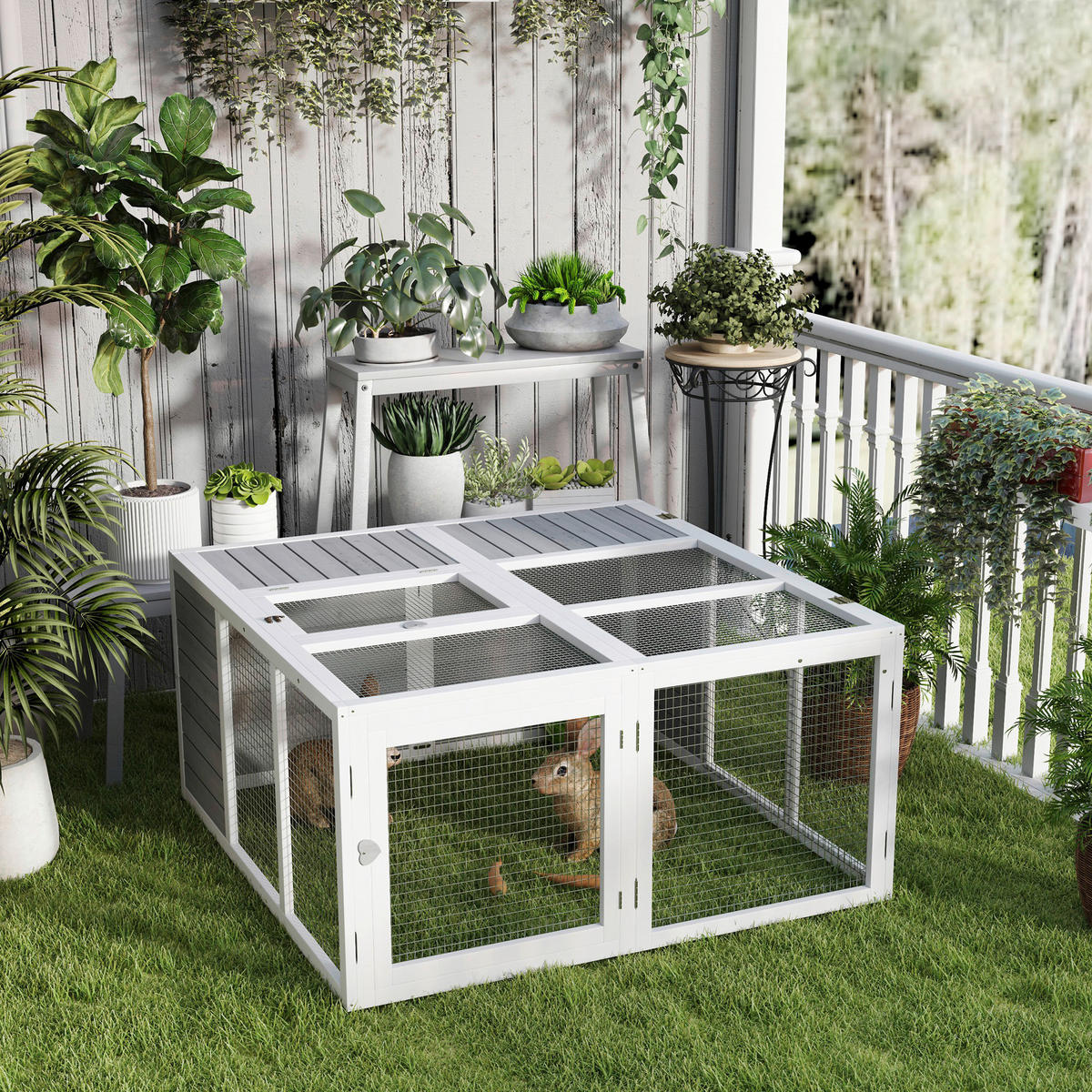 PawHut Kaninchenstall hellgrau Holz B/H/L: ca. 120x60x120 cm Kaninchenstall - hellgrau (120,00/120,00/60,00cm) - PawHut
