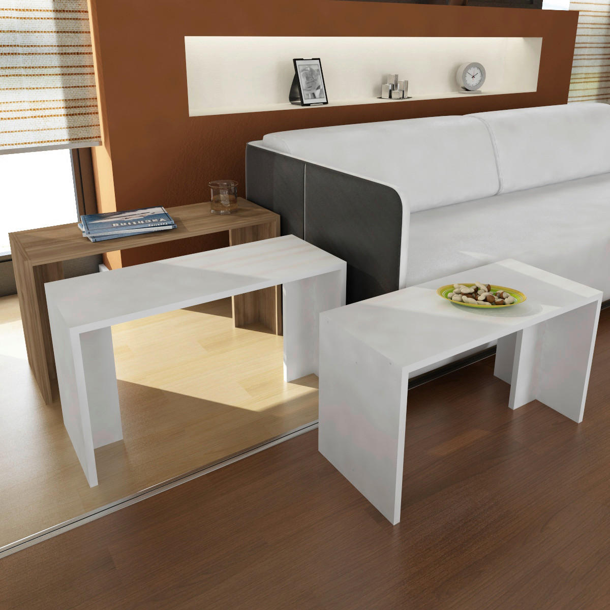 Beistelltisch 3er-Set. Cango weiß walnuss Nachbildung Spanplatte B/H/T: ca. 80x45x30 cm 3er-Set. Cango - weiß/walnuss (80,00/45,00/30,00cm) - moebel17