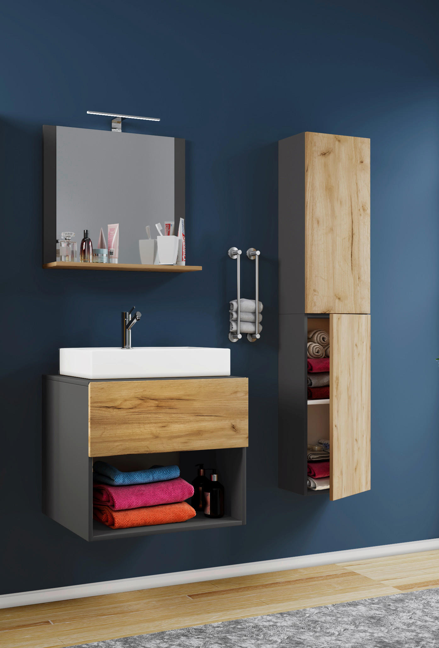 Thumbnail - Waschplatz 4tlg-Lendas weiß anthrazit Eiche Honig Nachbildung B/H/T: ca. 60x52x52 cm