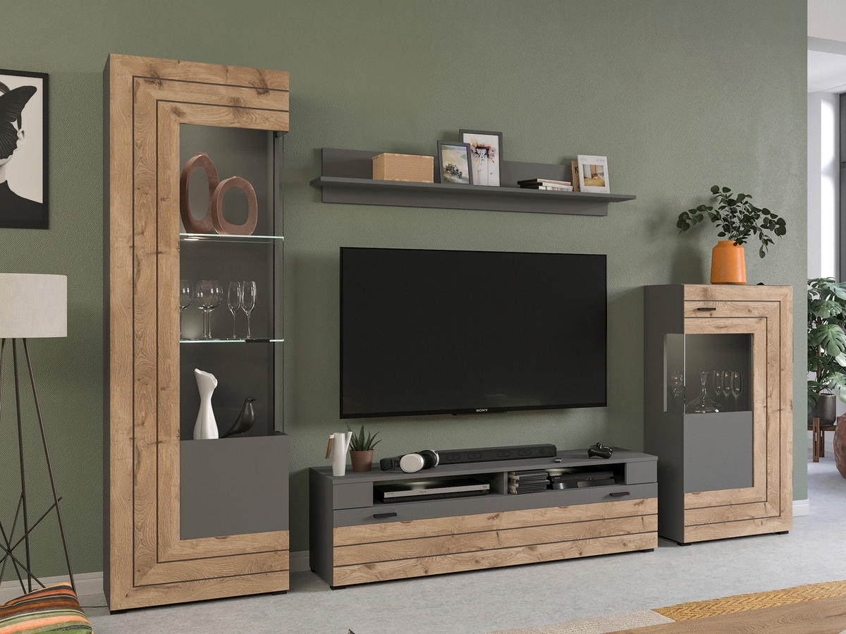 Wohnwand Freno grau matt Eiche Nox Oak Nachbildung B/H/T: ca. 290x194x40 cm Freno - Eiche/grau (290,00/194,00/40,00cm) - xonox.home