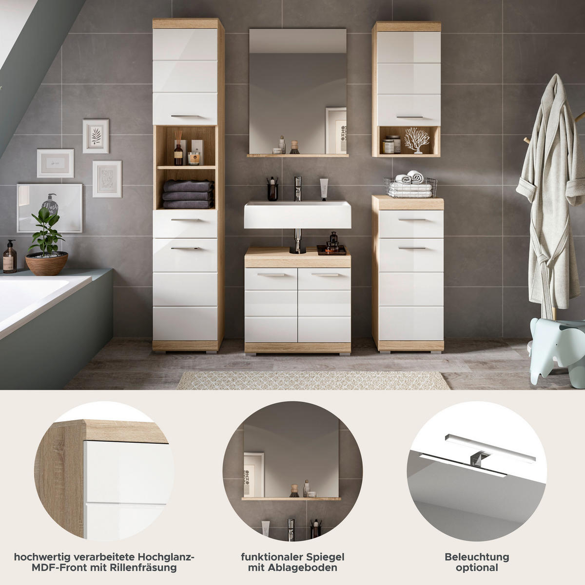 Badezimmer-Set Lambada Eiche Sonoma Nachbildung weiß Hochglanz B/H/T: ca. 164x191x34 cm Lambada - Eiche/weiß (164,00/191,00/34,00cm) - xonox.home