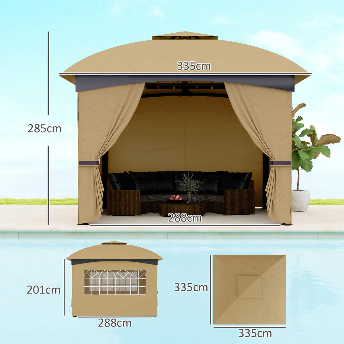 Outsunny Pavillon beige Polyester B/H/L: ca. 335x285x335 cm Pavillon - beige (335,00/335,00/285,00cm) - Outsunny