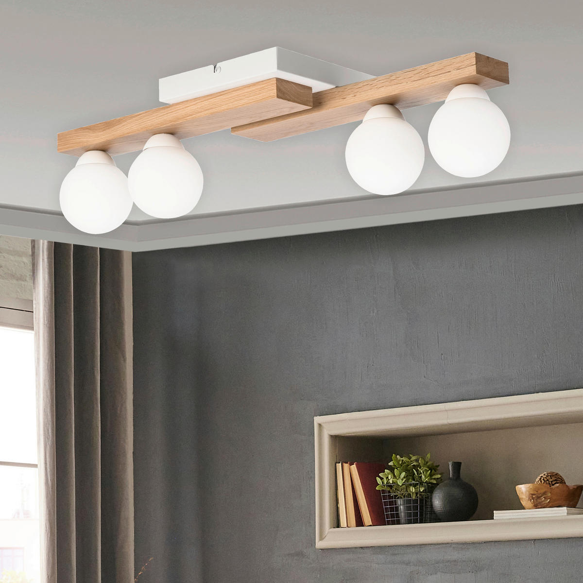 Lamkur Deckenleuchte MATTE 50195 weiß Eiche Stahl Glas Eiche H/L: ca. 19x64 cm G9 4 Brennstellen Matte - Eiche/weiß (64,00cm) - Lamkur