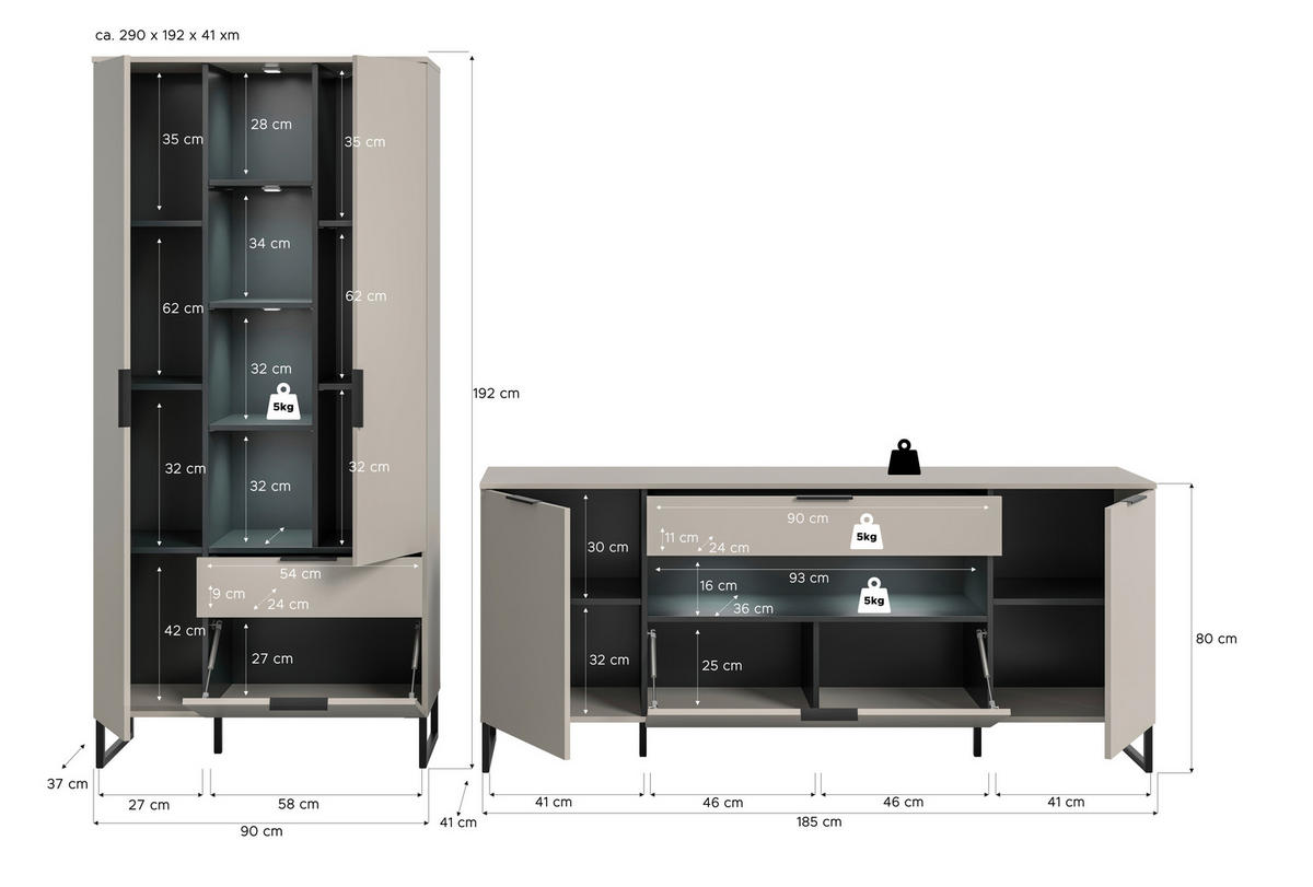 Wohnwand Noida Kaschmirgrau Nachbildung schwarz B/H/T: ca. 290x192x41 cm Noida - schwarz (290,00/192,00/41,00cm) - xonox.home