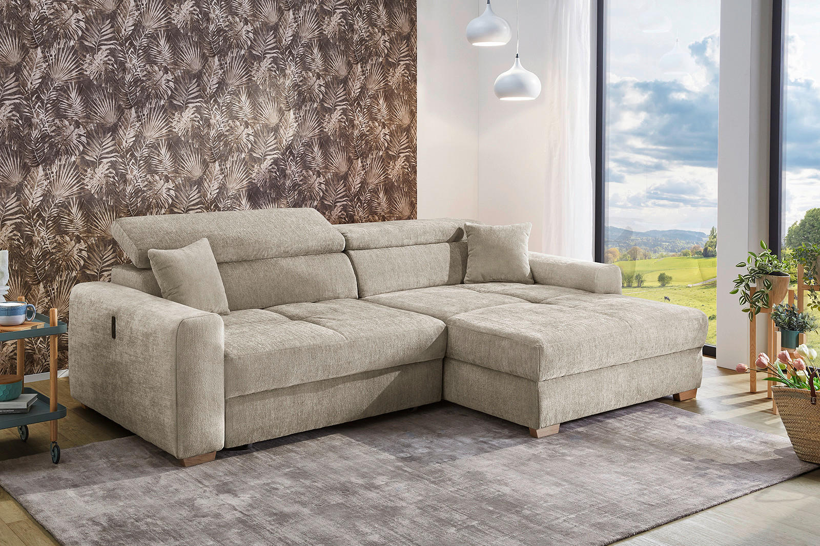 Thumbnail - Ecksofa mit elektrischer XXL Sitztiefenverstellung beige Flachgewebe B/H/T: ca. 277x109x187 cm