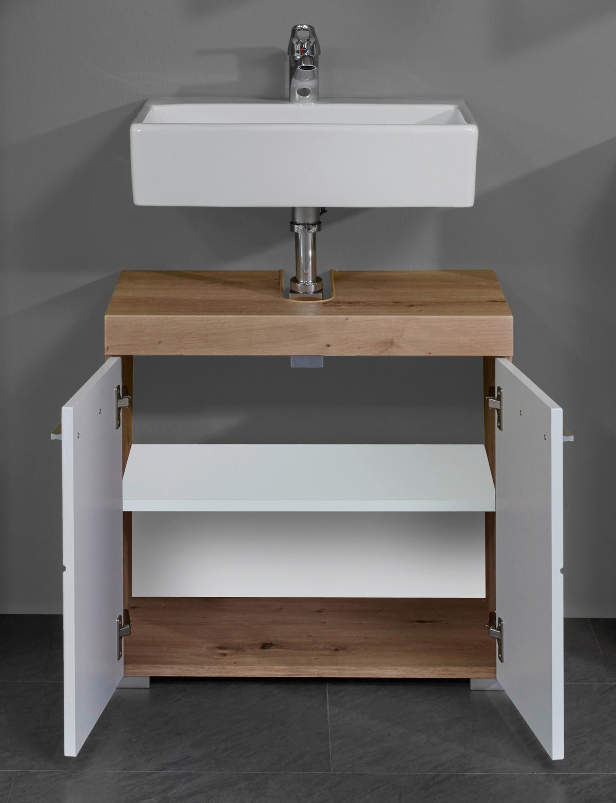 Waschbeckenunterschrank Amanda weiß Hochglanz Asteiche Nachbildung B/H/T: ca. 60x56x34 cm Amanda - weiß (60,00/56,00/34,00cm) - Trendteam