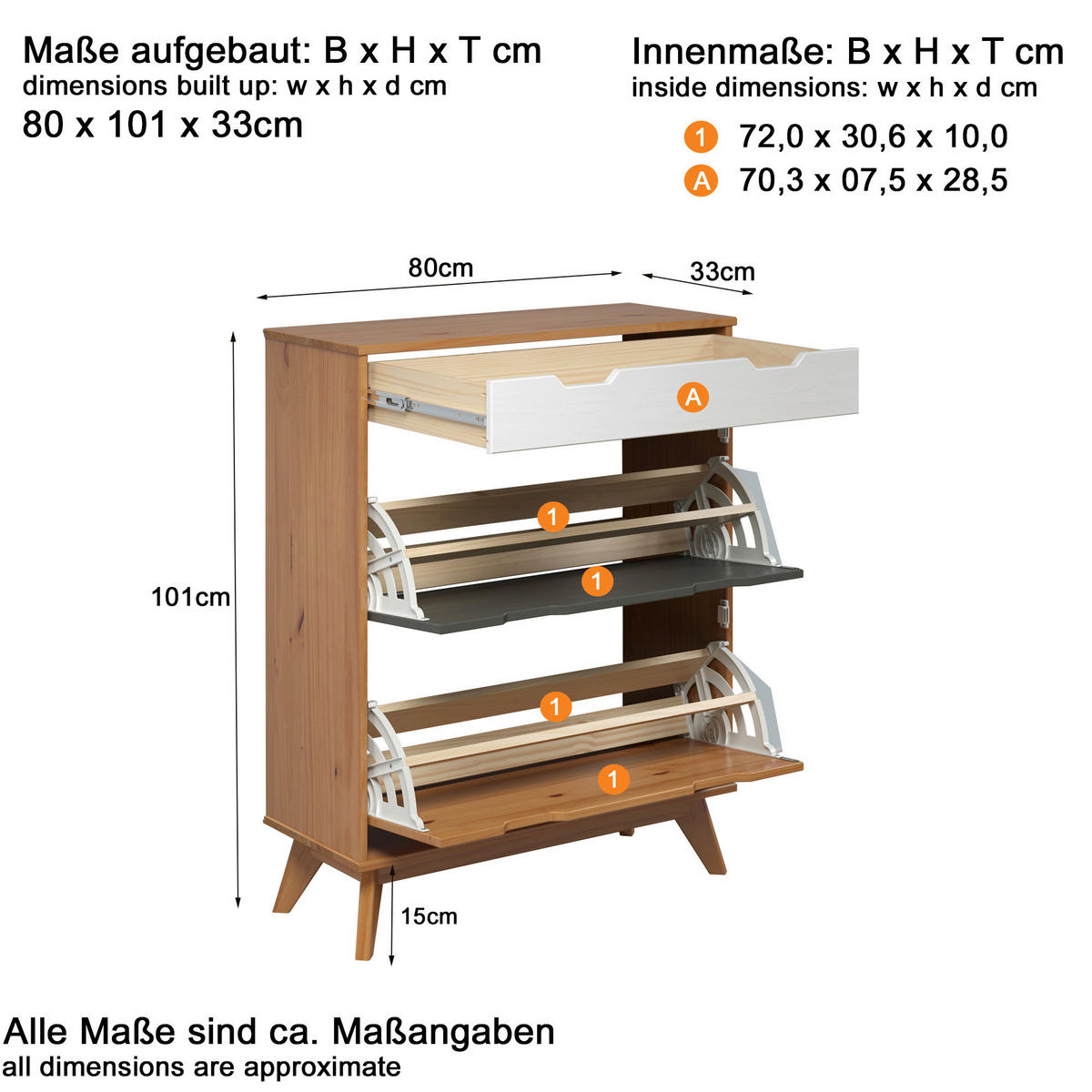 Schuhkipper Scandik kiefer Honig lackiert Optik weiß grau B/H/T: ca. 80x102x33 cm Scandik - kiefer/weiß, Honig (80,00/102,00/33,00cm)