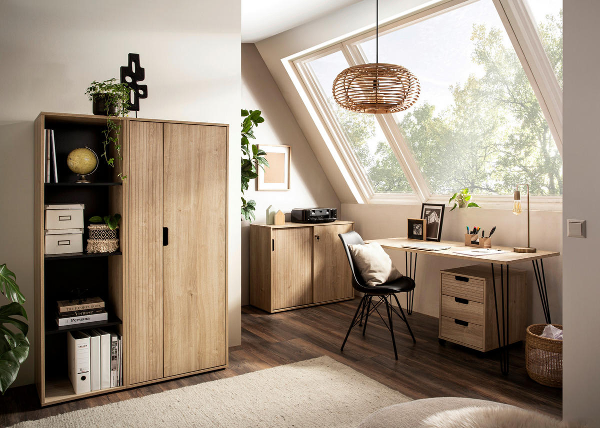 Schreibtisch Emmik schwarz Eiche Eiche weiß Nachbildung B/H/T: ca. 138x73,7x60 cm Emmik - Eiche/schwarz (138,00/73,70/60,00cm) - Möbelpartner