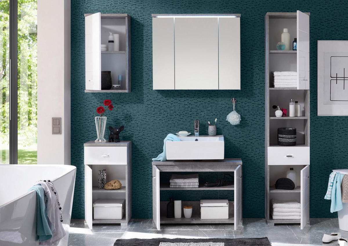 Waschbeckenunterschrank Pool Beton Optik weiß Hochglanz B/H/T: ca. 80x57x30 cm Pool - Beton/weiß (80,00/57,00/30,00cm)