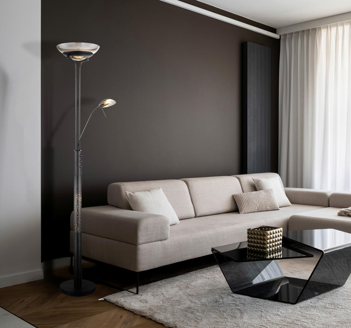 GLOBO LED-Deckenfluter Merlinda 58908 schwarz Rauch Metall Glas H: ca. 180 cm Merlinda - schwarz/Rauch (180,00cm) - GLOBO