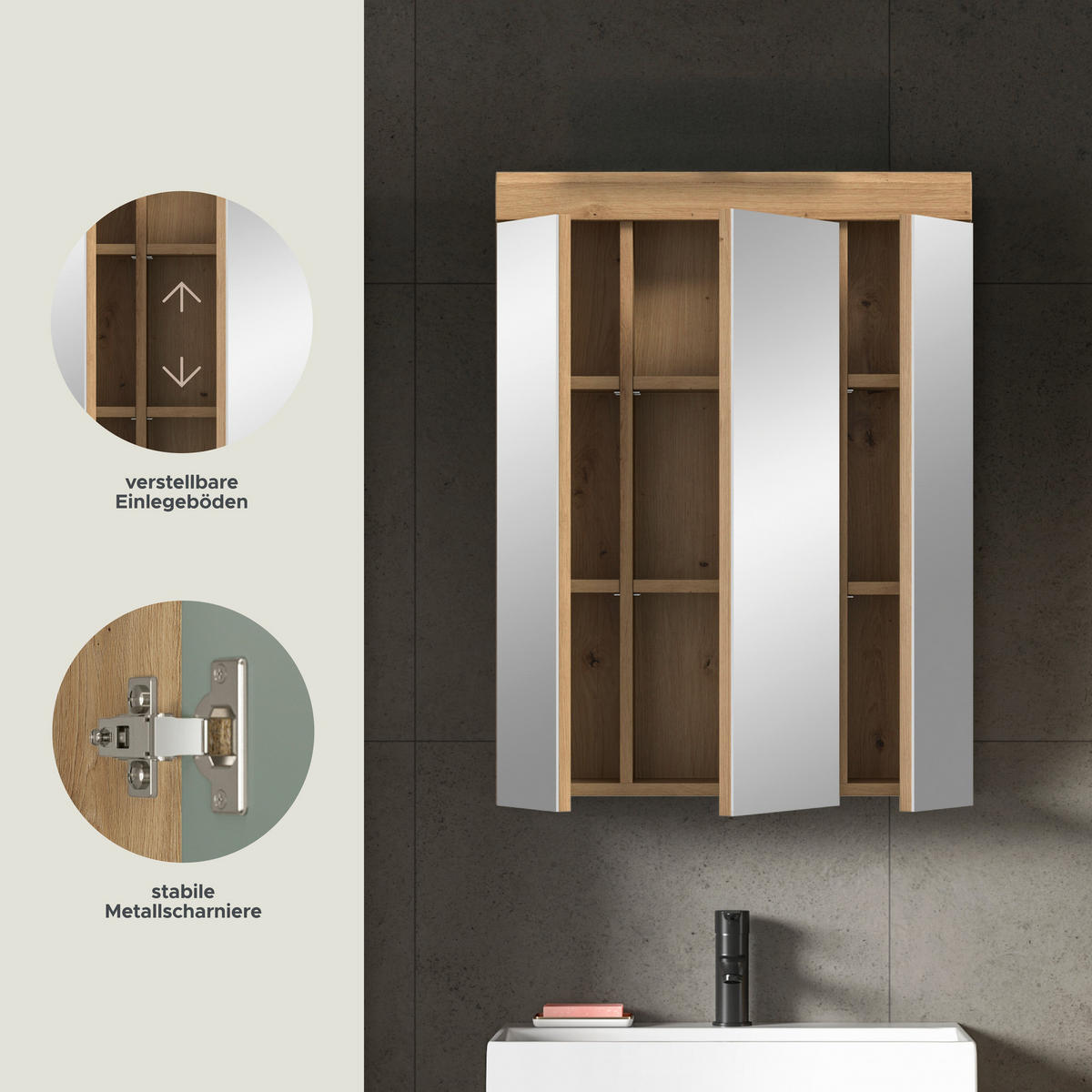 Spiegelschrank Scout Eiche Artisan Nachbildung salbei Nachbildung B/H/T: ca. 60x79x18 cm Scout - Eiche/salbei (60,00/79,00/18,00cm) - xonox.home