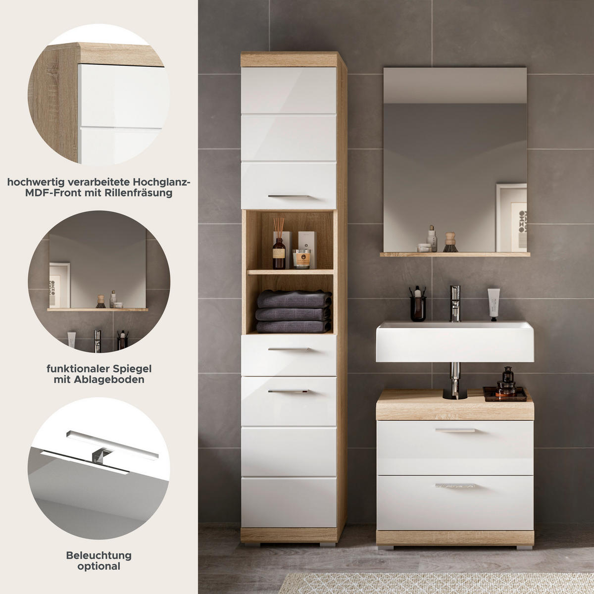 Badezimmer-Set Lambada Eiche Sonoma Nachbildung weiß Hochglanz B/H/T: ca. 112x191x37 cm Lambada - Eiche/weiß (112,00/191,00/37,00cm) - xonox.home