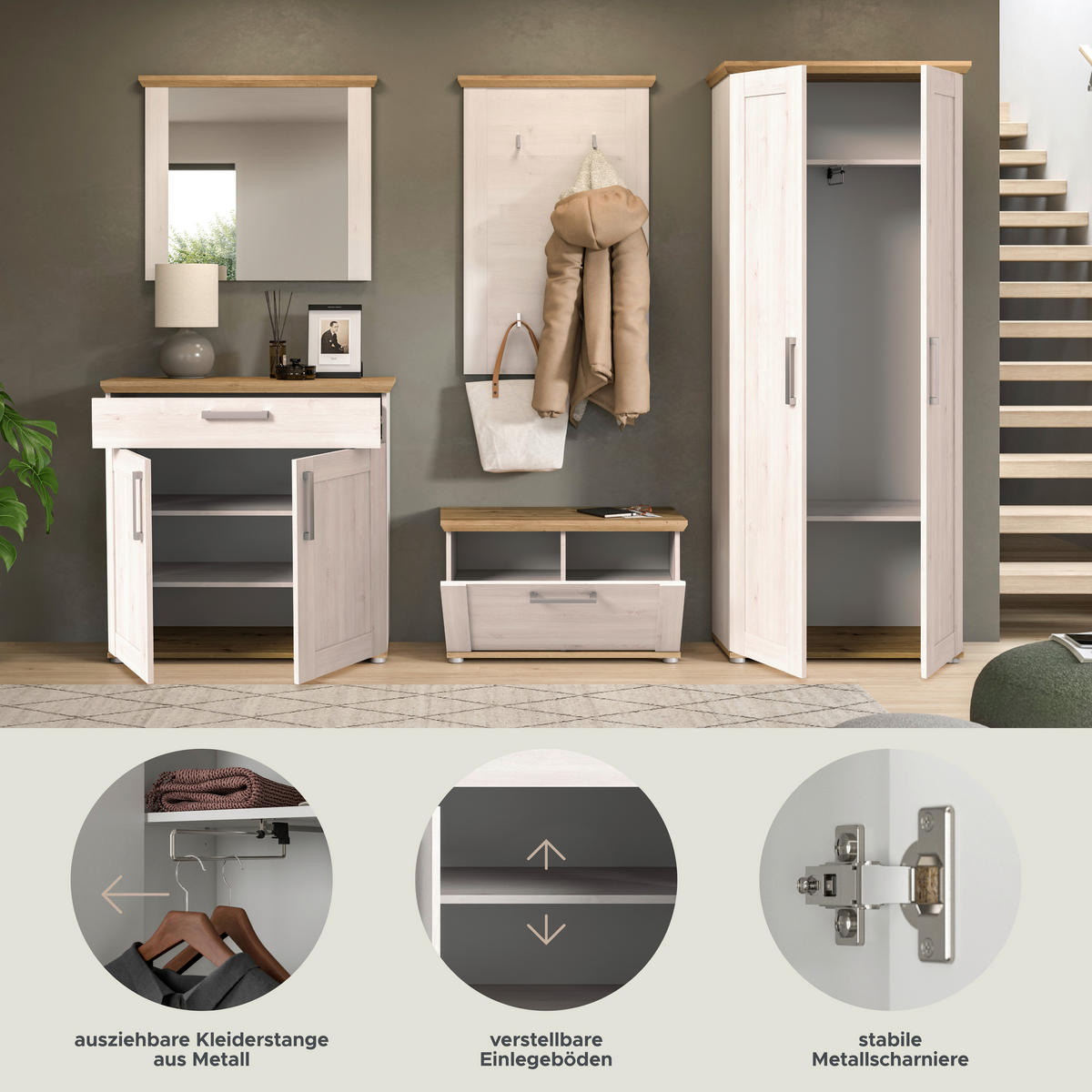 Garderobe Verona Sibiu Lärche Nachbildung Eiche Artisan Nachbildung B/H/T: ca. 285x196x39 cm Verona - Eiche (285,00/196,00/39,00cm) - xonox.home