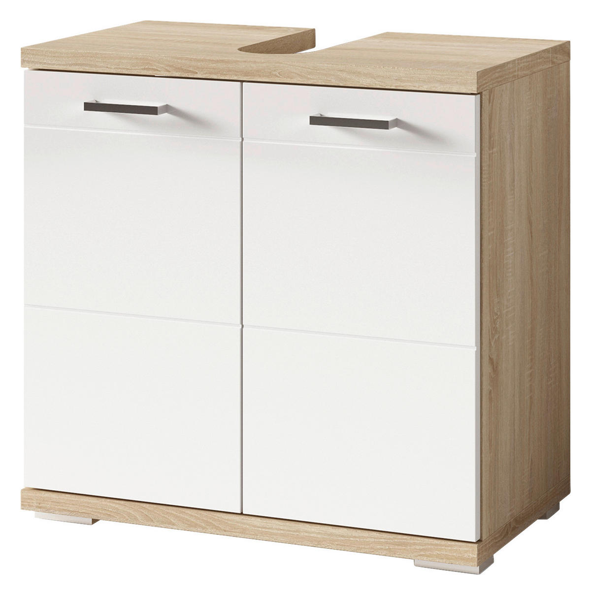 Waschbeckenunterschrank NEBRASKA Eiche Nachbildung weiß Lack Hochglanz silber B/H/T: ca. 60x59x31,5 cm NEBRASKA - Eiche/weiß (60,00/59,00/31,50cm) - byLIVING