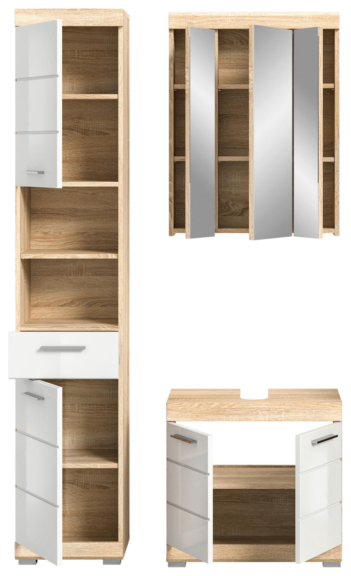Badezimmer-Set LAMBADA Eiche Sonoma hell Nachbildung weiß Hochglanz B/H/T: ca. 112x191x34 cm LAMBADA - Eiche/weiß (112,00/191,00/34,00cm) - xonox.home